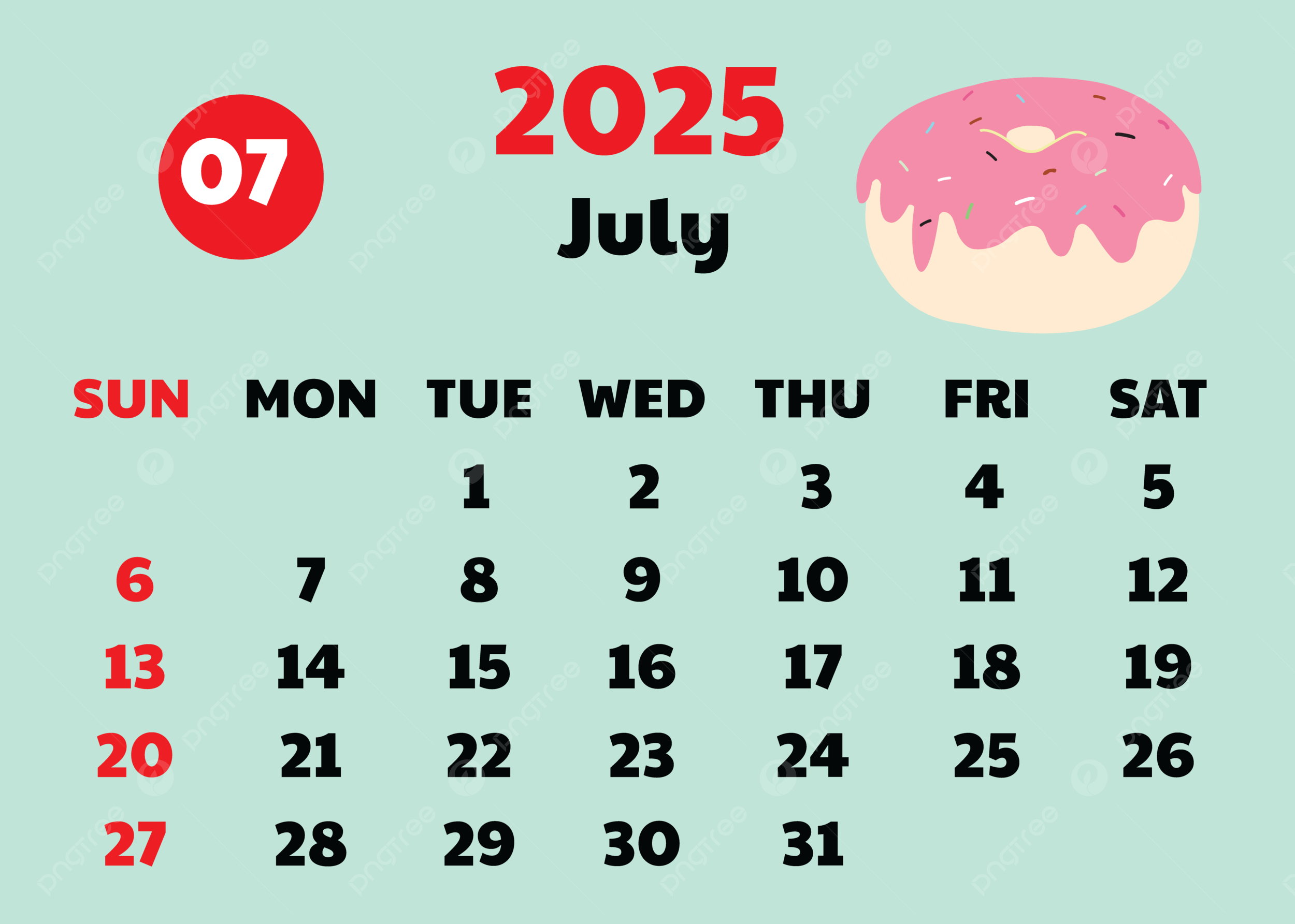 2025 July Calendar Cute Design Vector With Delicious Donut throughout Do Or Donut 2025 Calendar Printable