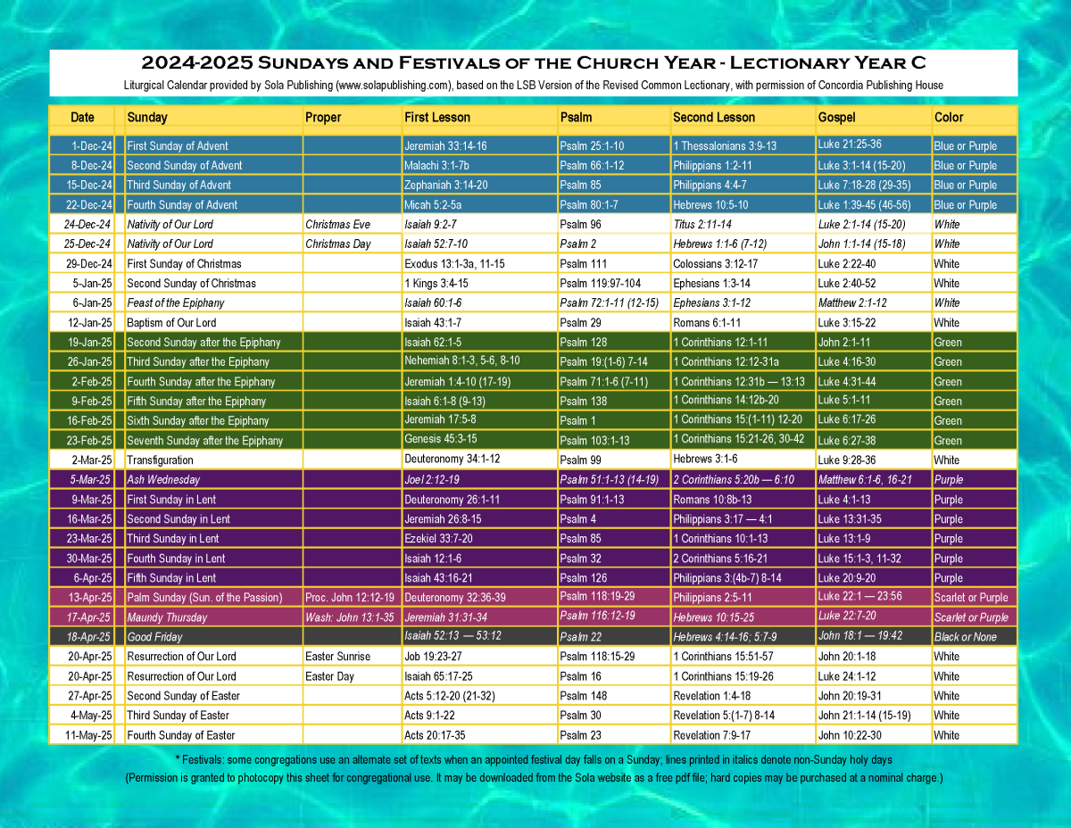 2025 Liturgical Calendar (Year C) K-2025 | Sola Publishing with Churches 2025 Calendar Printable