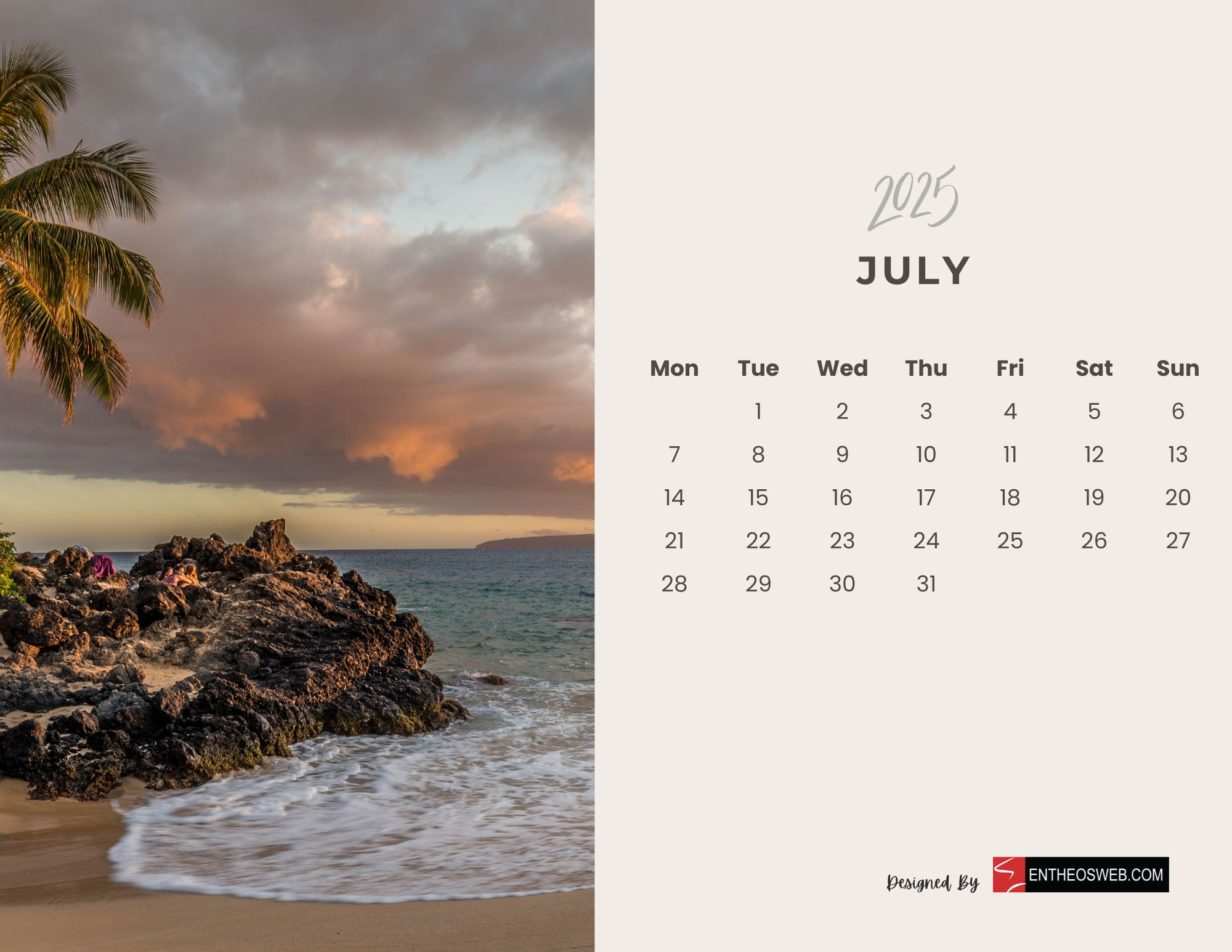 2025 Monthly Calendar – Beaches | Entheosweb for Coastal Sunsets 2025 Calendar Printable