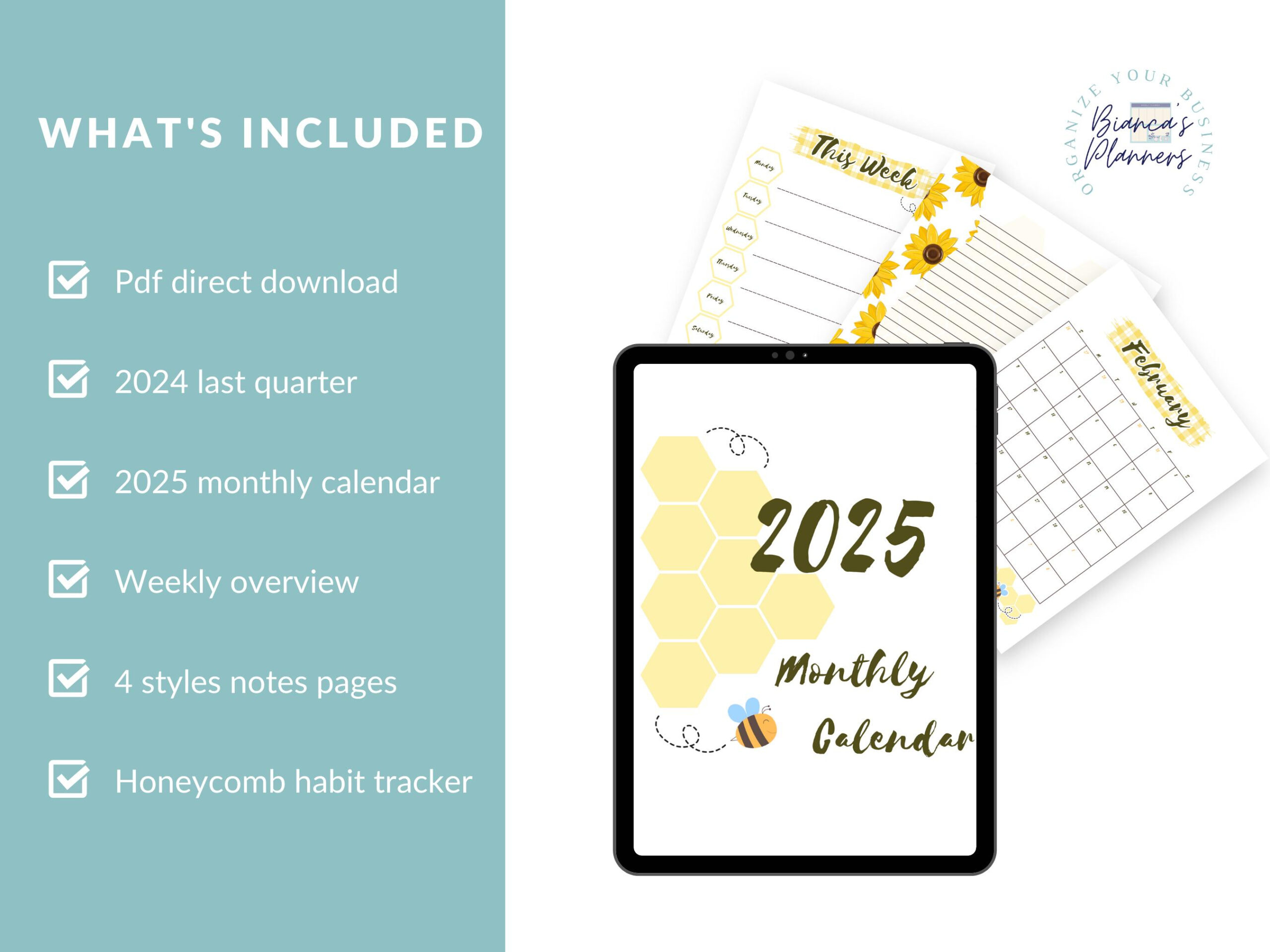 2025 Monthly Calendar | Bees And Sunflowers Design | Printable Pdf in Reasons To Bee 2025 Calendar Printable