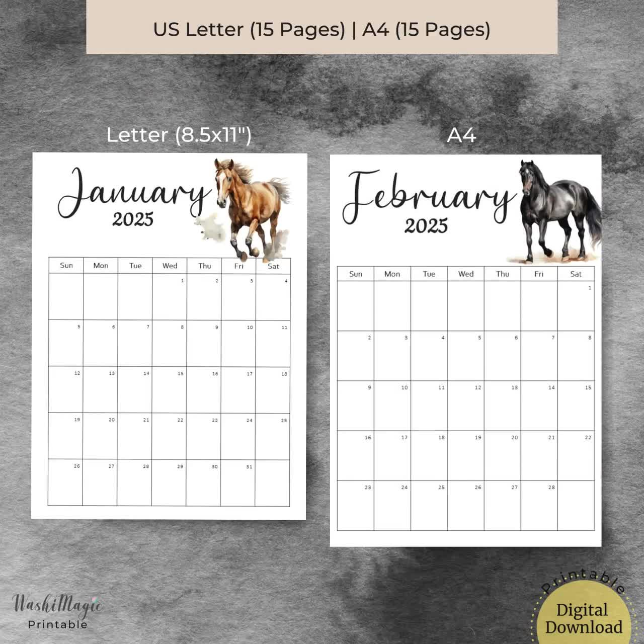 2025 Monthly Calendar Printable, Watercolor Horse Dated Calendar, Family Calendar, Horse Calendar, Full Year Calendar, Watercolor Calendar intended for What Horses Teach Us 2025 Calendar Printable