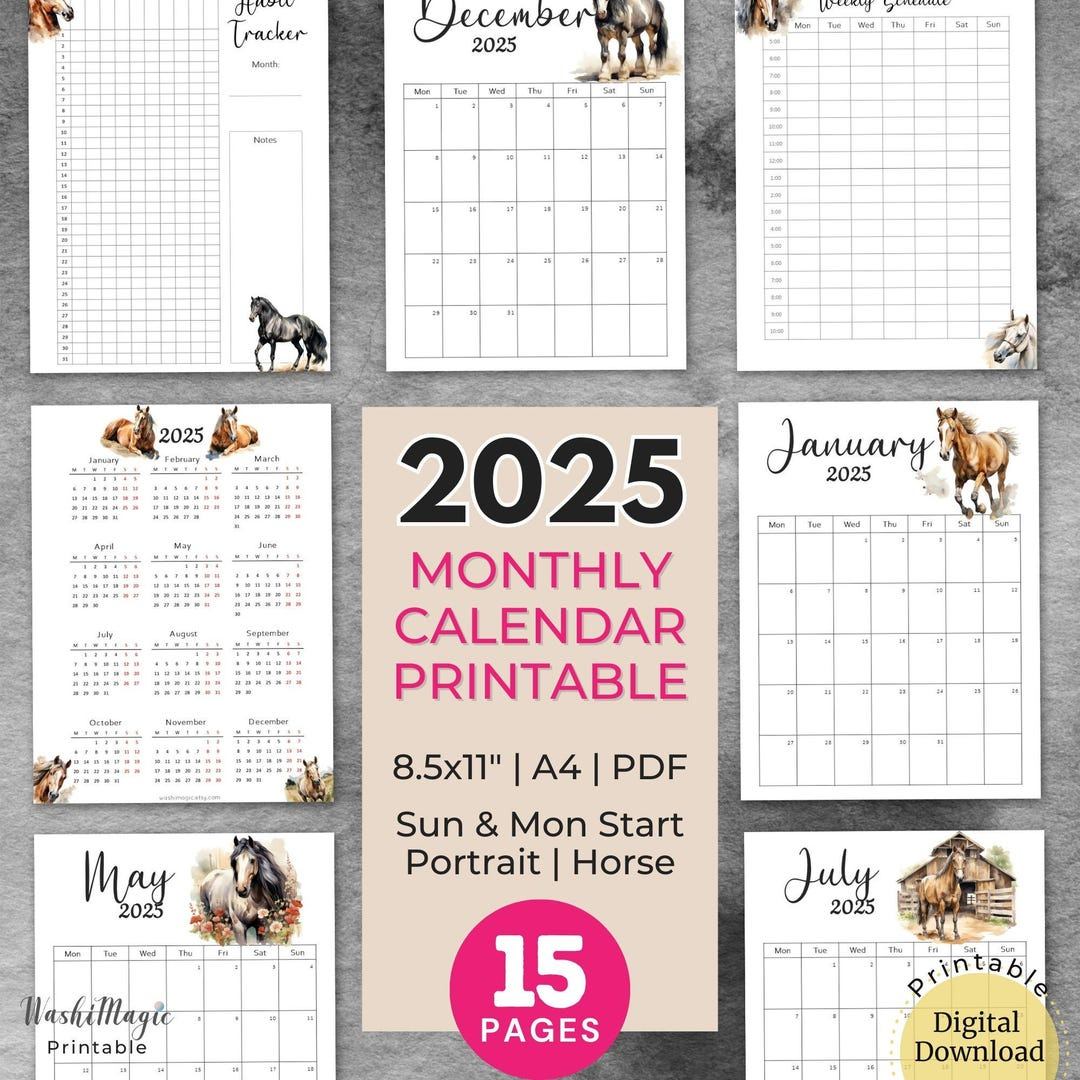 2025 Monthly Calendar Printable, Watercolor Horse Dated Calendar intended for What Horses Teach Us 2025 Calendar Printable