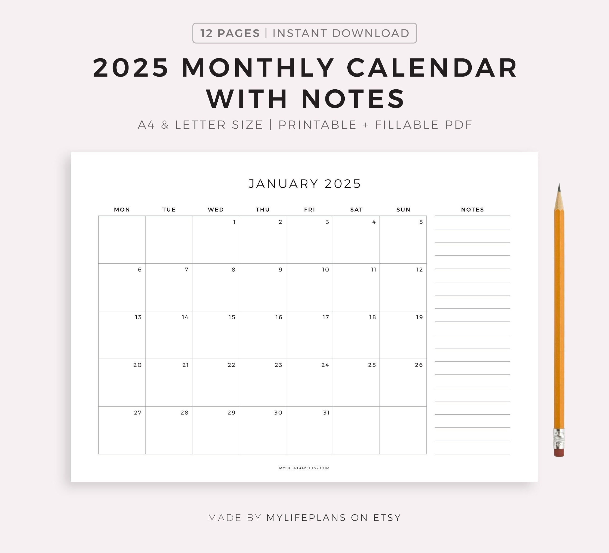 2025 Monthly Calendar With Notes, Landscape, Printable Calendar in Instant Happy Notes 2025 Calendar Printable