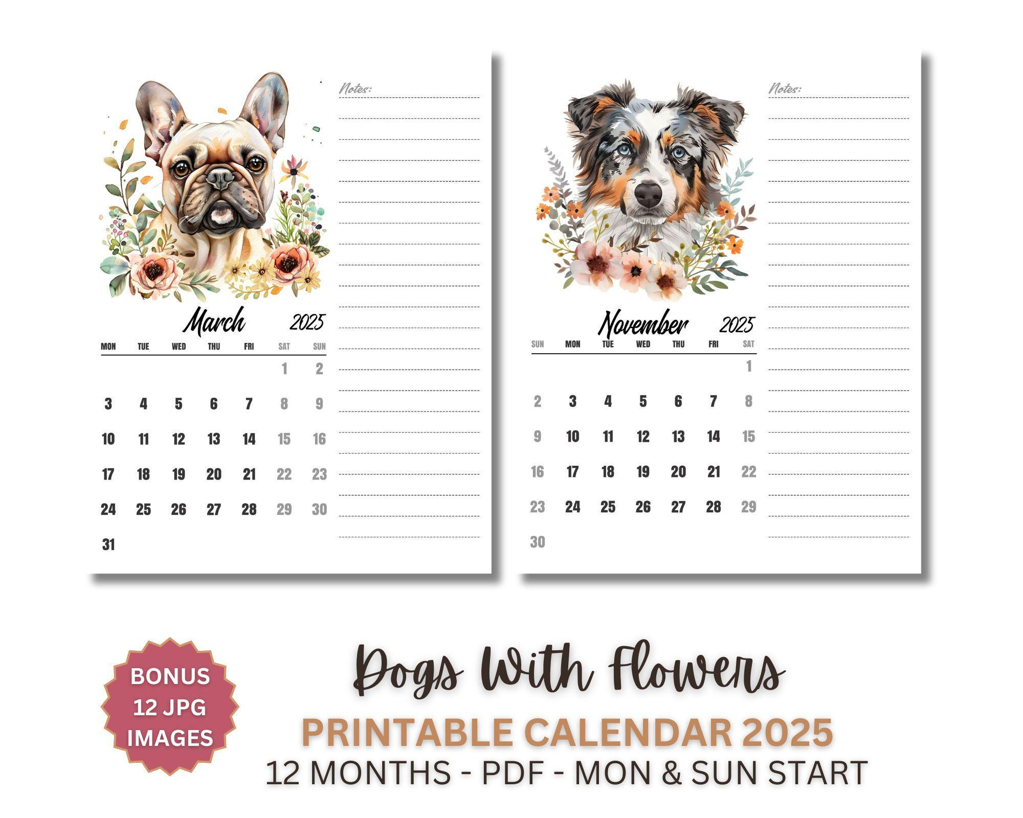 2025 Monthly Planner Printable With Dogs And Flowers, A4 &amp;amp; Us with What Dogs Teach Us 2025 Calendar Printable