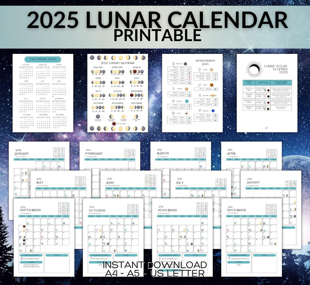 2025 Moon Planner Lunar Calendar, Printable Instant Download Pdf inside Interplanetary Vacations 2025 Calendar Printable