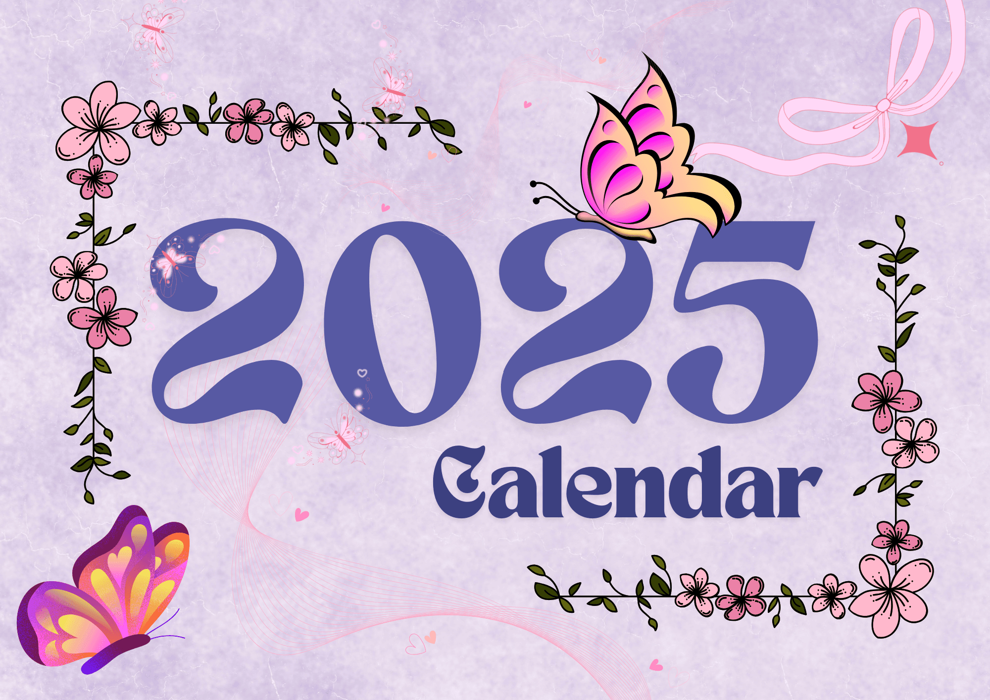 2025 Printable A4 Calendar Purple Butterfly Themed in Butterflies 2025 Calendar Printable