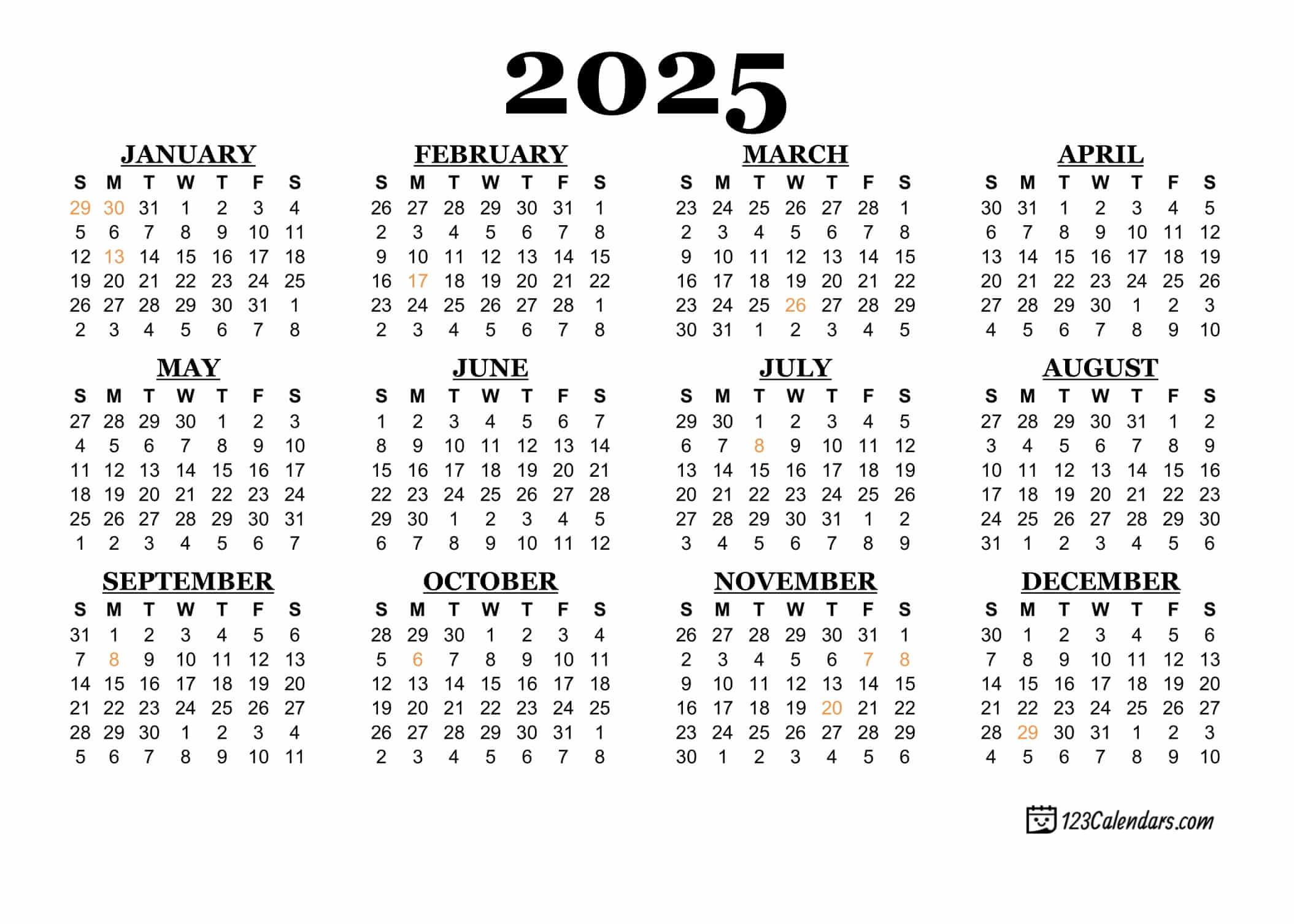 2025 Printable Calendar | 123Calendars within Georgia 2025 Calendar Printable