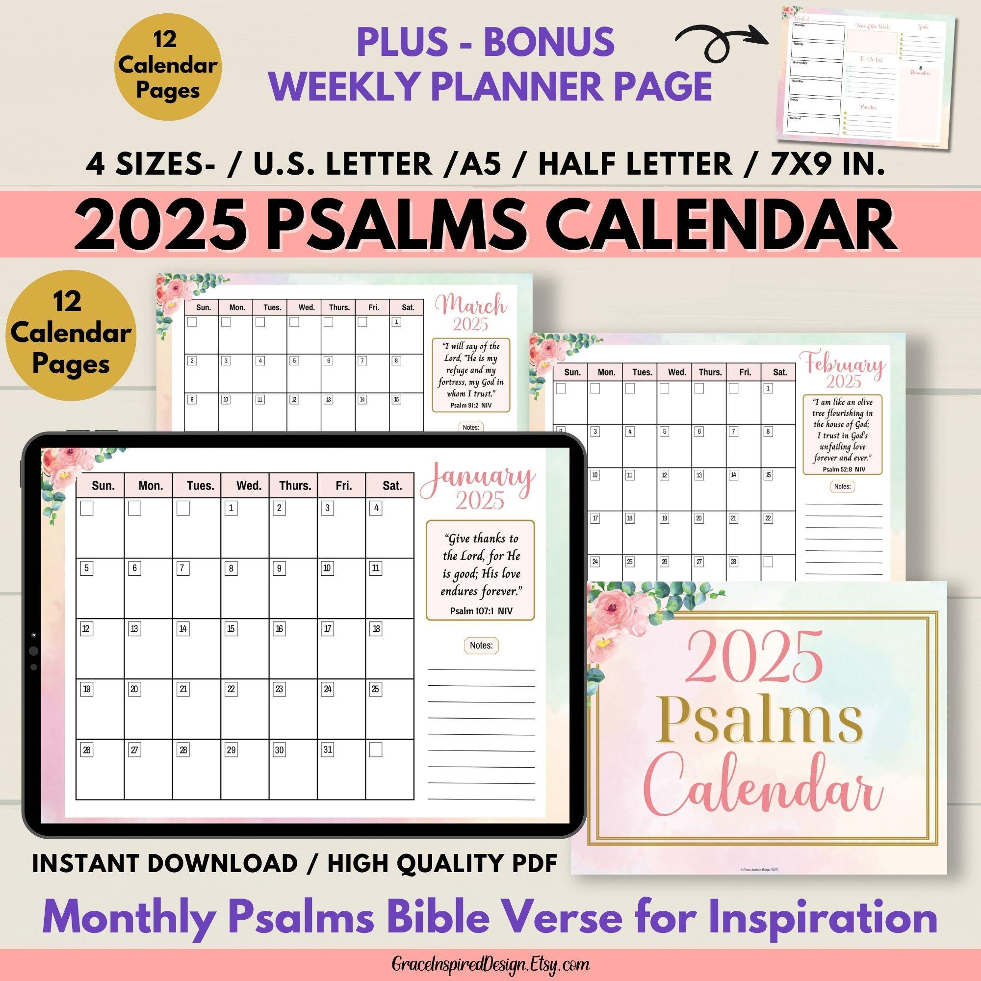 2025 Printable Calendar, Bible Verse Calendar Printable, 2025 inside Psalms 2025 Calendar Printable