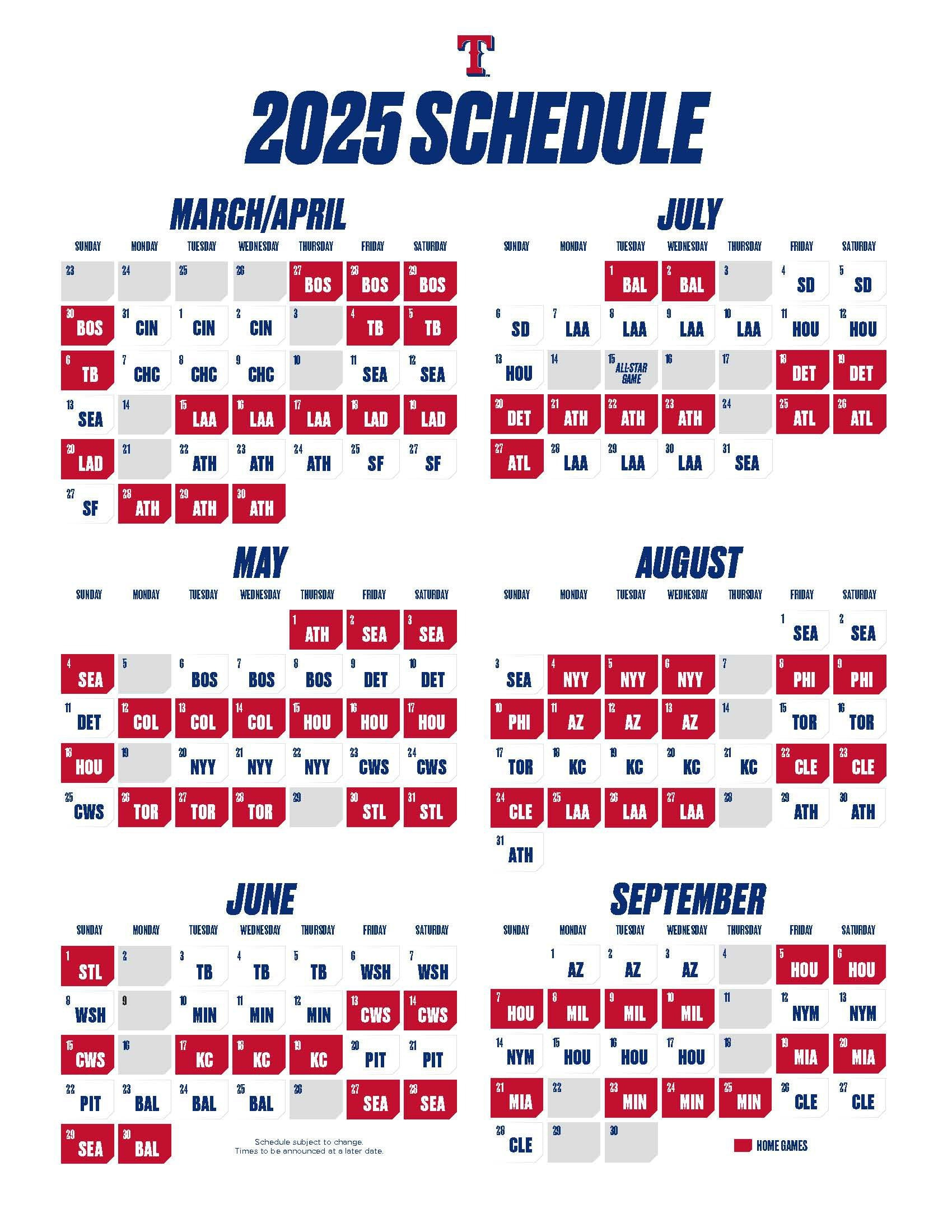 2025 Rangers Schedule Release: Texas To Open Season Vs. Boston Red regarding MLB Oakland Athletics 2025 Calendar Printable