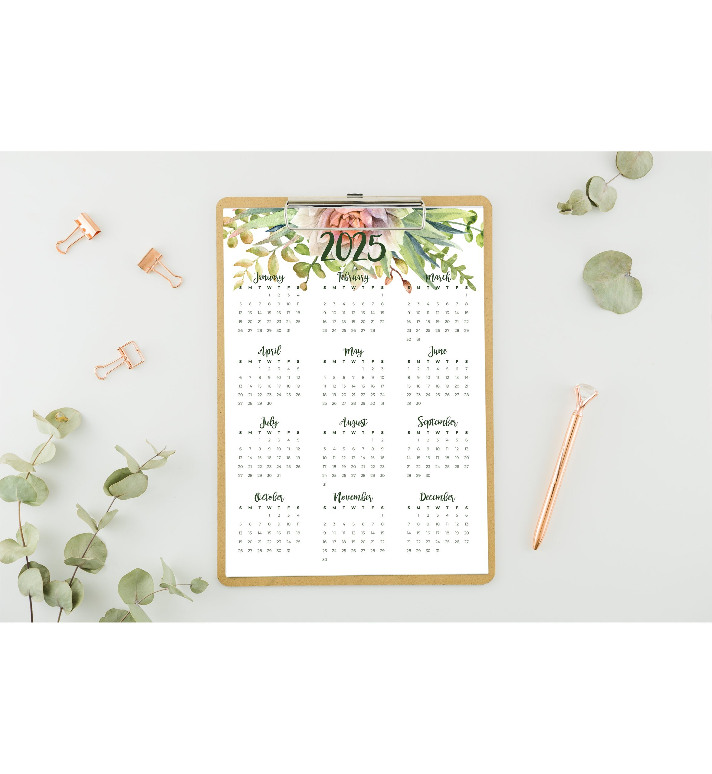 2025 Succulent Cactus At-A-Glance Printable Calendar - Instant Digital Download intended for Succulents 2025 Calendar Printable