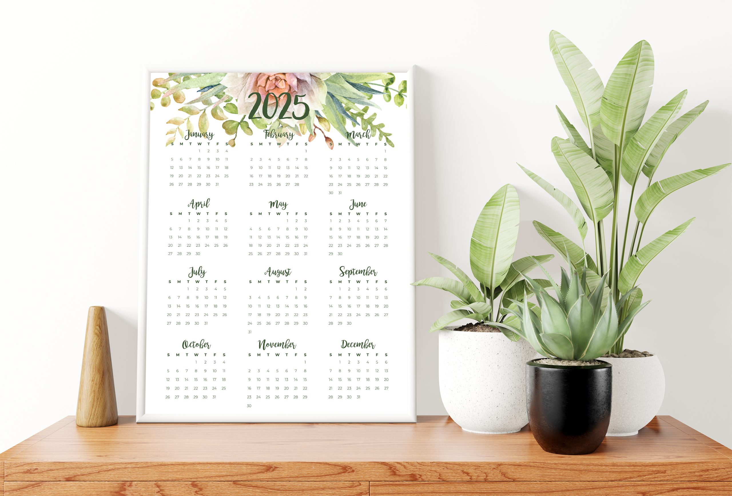 2025 Succulent Cactus At-A-Glance Printable Calendar - Instant Digital Download with Succulents 2025 Calendar Printable