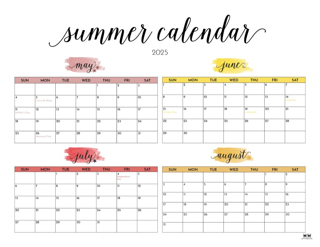 2025 Summer Calendars - 27 Free Printables | Printabulls pertaining to Calendar June July August 2025