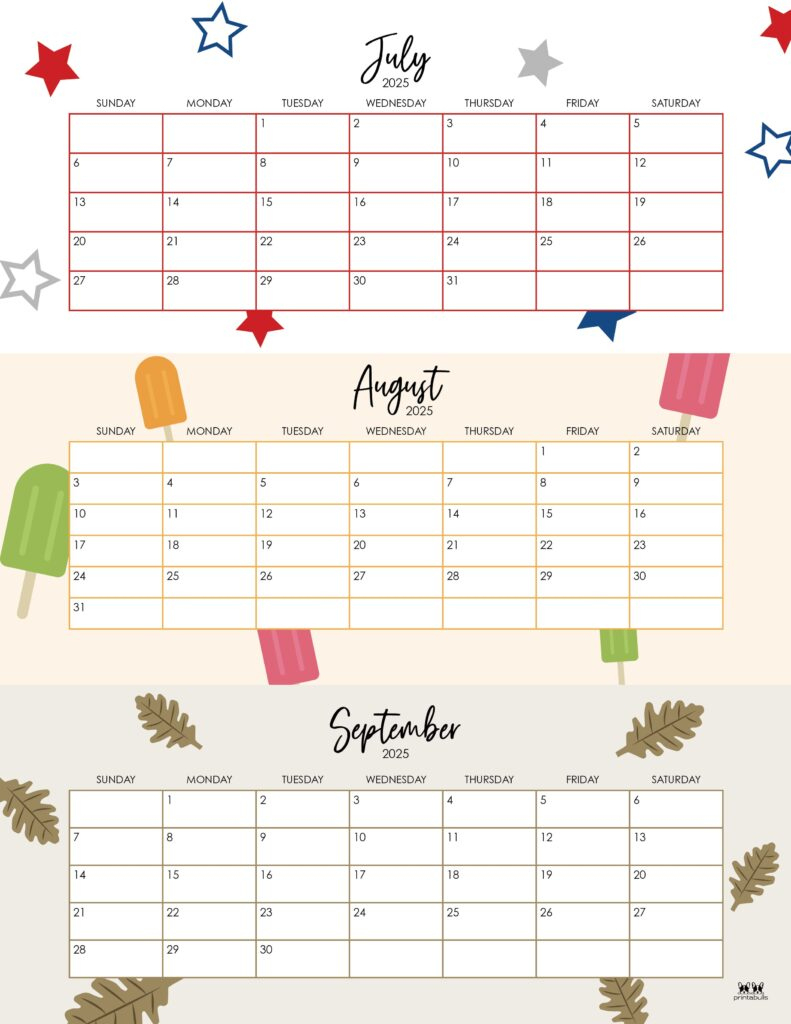2025 Summer Calendars - 27 Free Printables | Printabulls within Printable Calendar For June July August 2025
