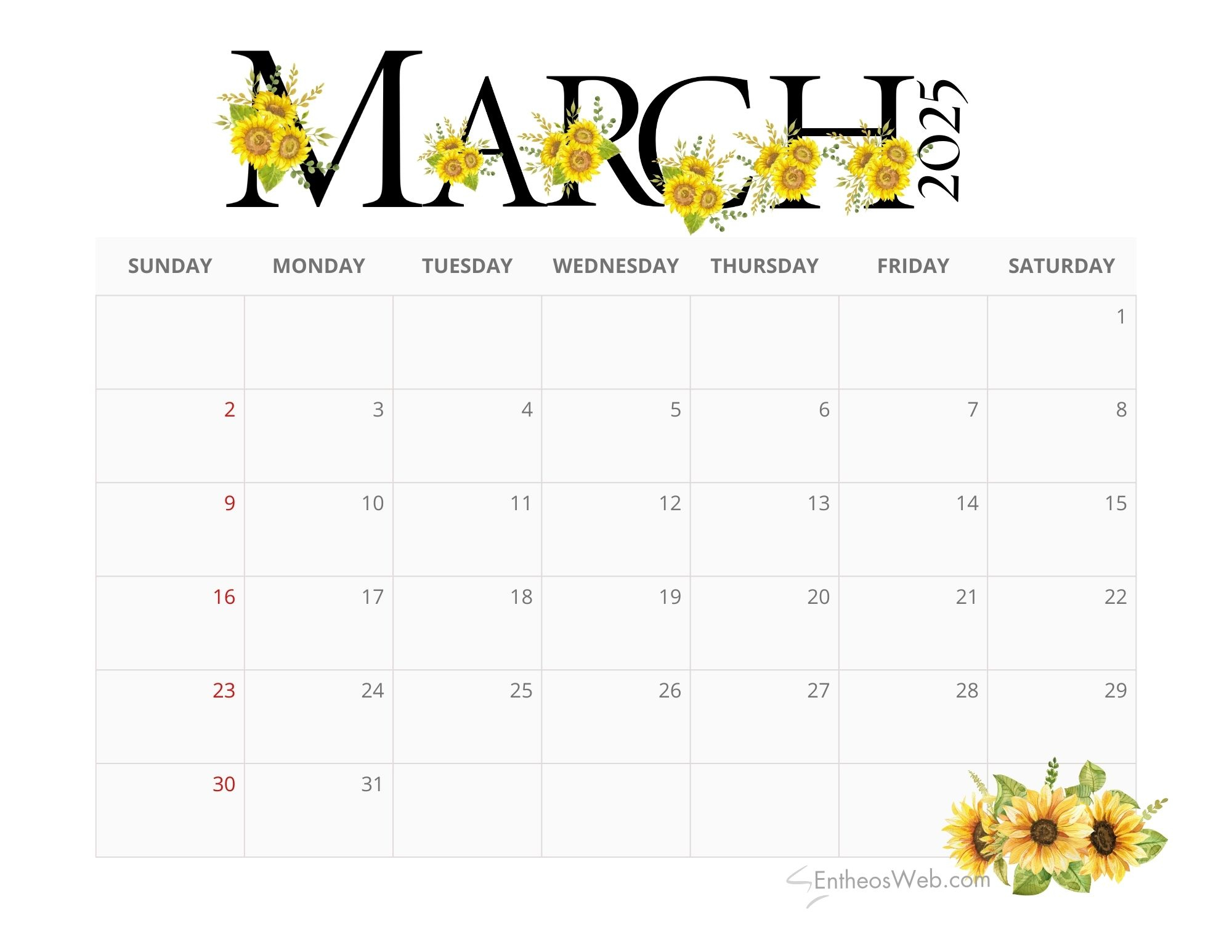 2025 Sunflowers Calendar Printable | Entheosweb regarding Flowers Poster 2025 Calendar Printable