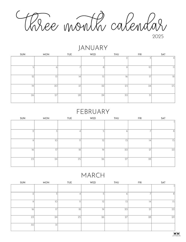 2025 Three Month/Quarterly Calendars - 36 Free Cals | Printabulls within Three Month 2025 Calendar Printable