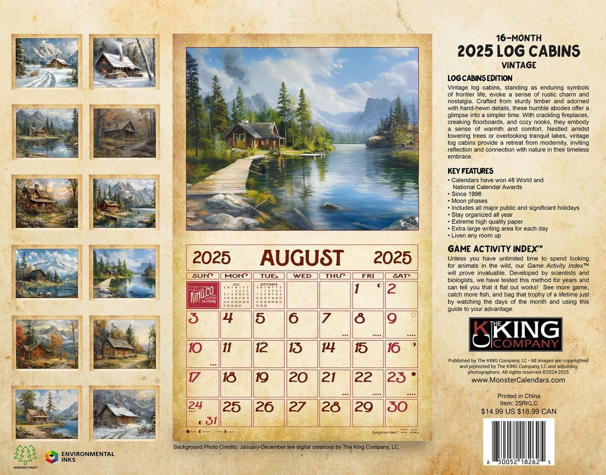 2025 Vintage Log Cabin Retro Wall Calendar-The King Company (Free Shipping) with Life is Better By the Cabin 2025 Calendar Printable