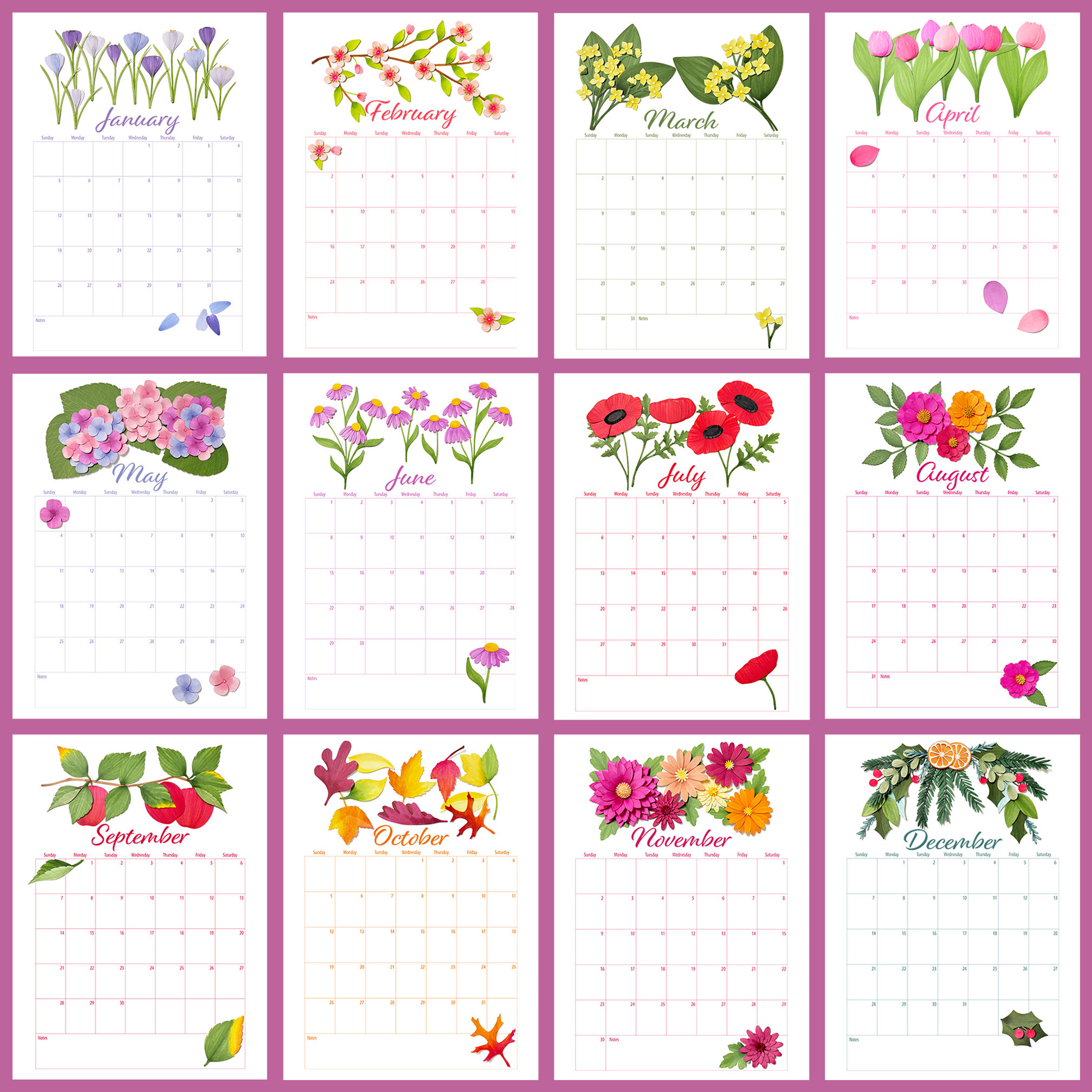 2025 Wall Calendar With Handmade Paper Flower Art - Monthly within Flowers Square 2025 Calendar Printable