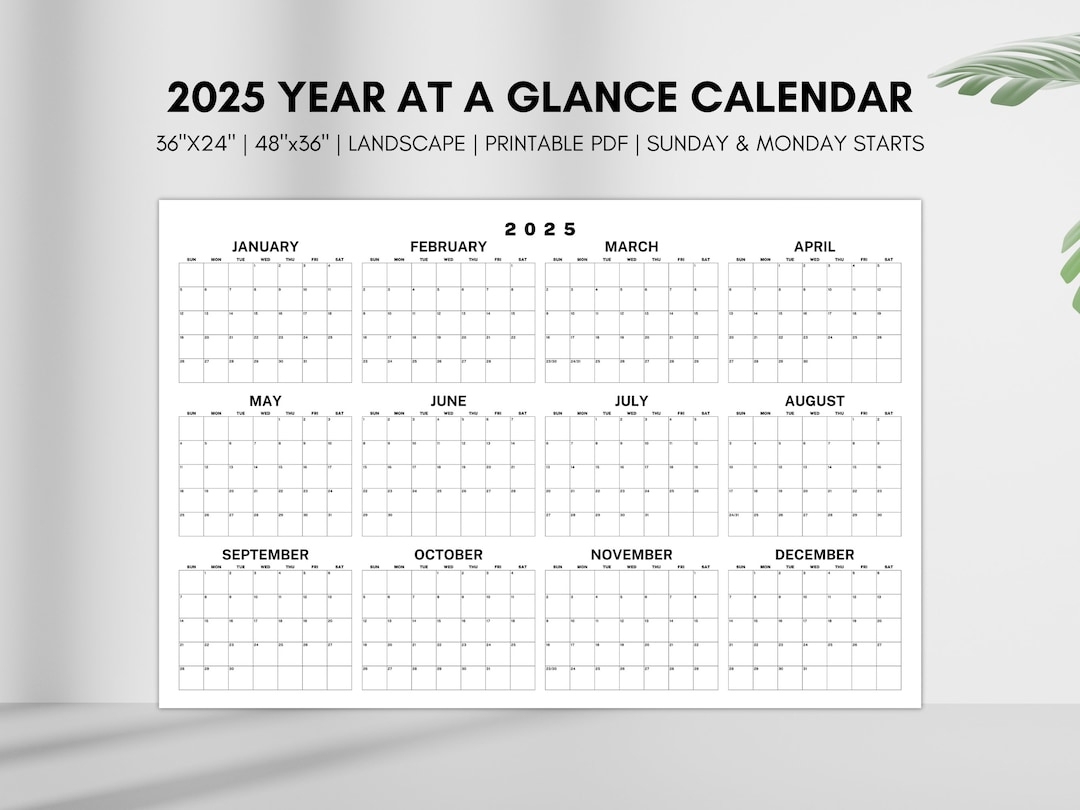 2025 Year At A Glance Calendar, Large Horizontal 2025 Calendar for California Coast 2025 Calendar Printable