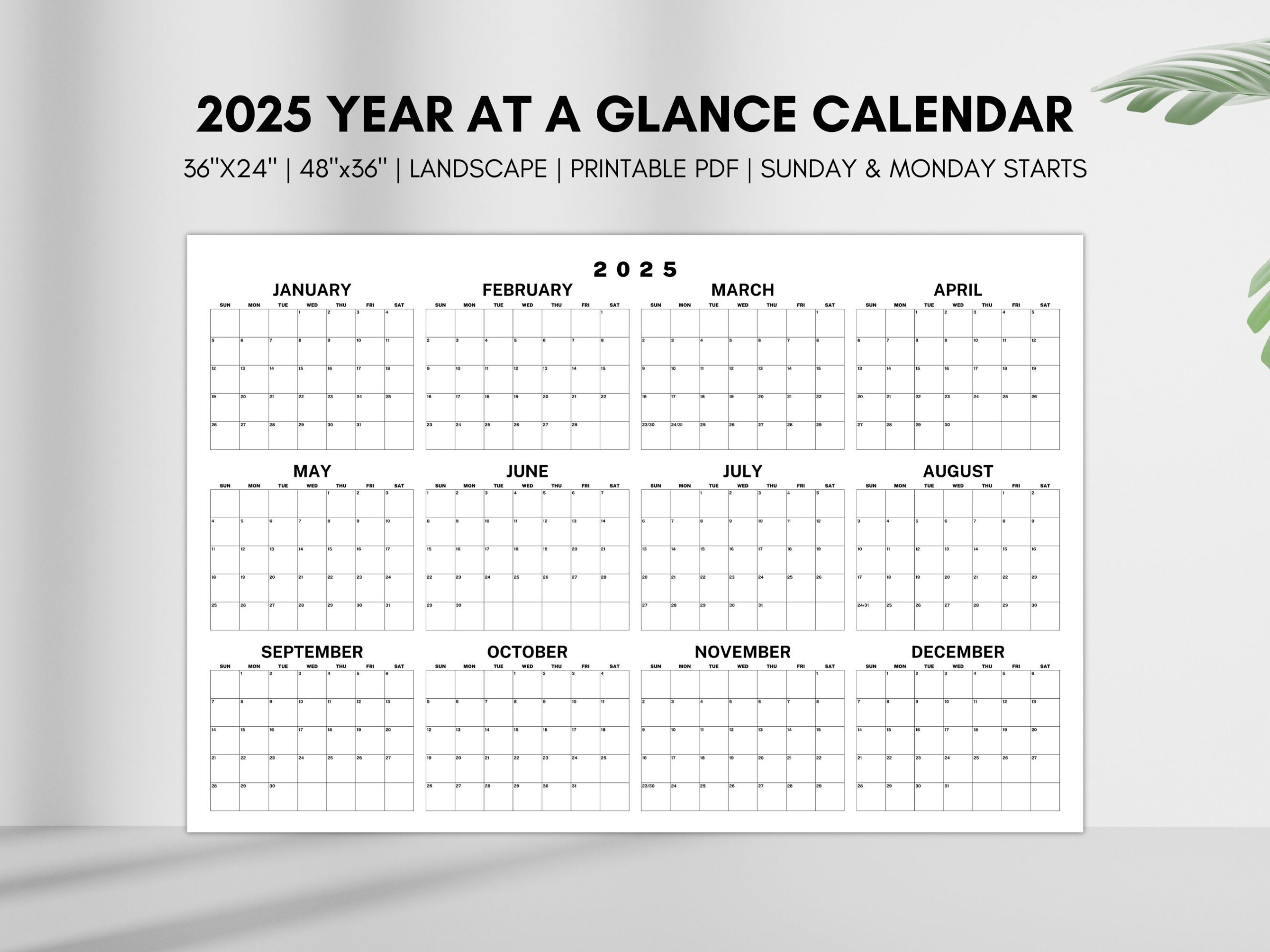 2025 Year At A Glance Calendar, Large Horizontal 2025 Calendar with Brain Games 2025 Calendar Printable