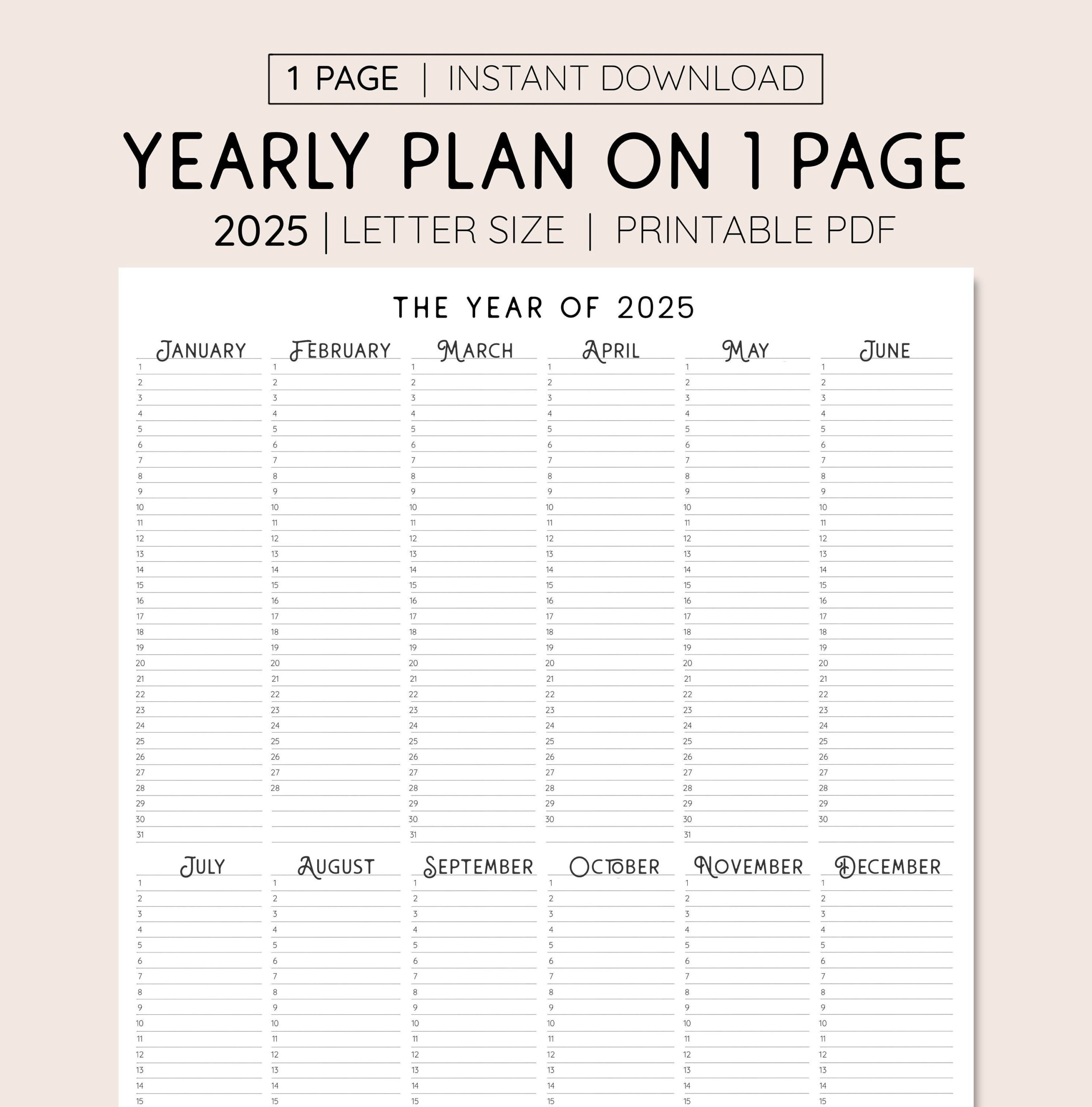 2025 Year At A Glance, Instant Download, Yearly Overview intended for Instant Happy Notes 2025 Calendar Printable