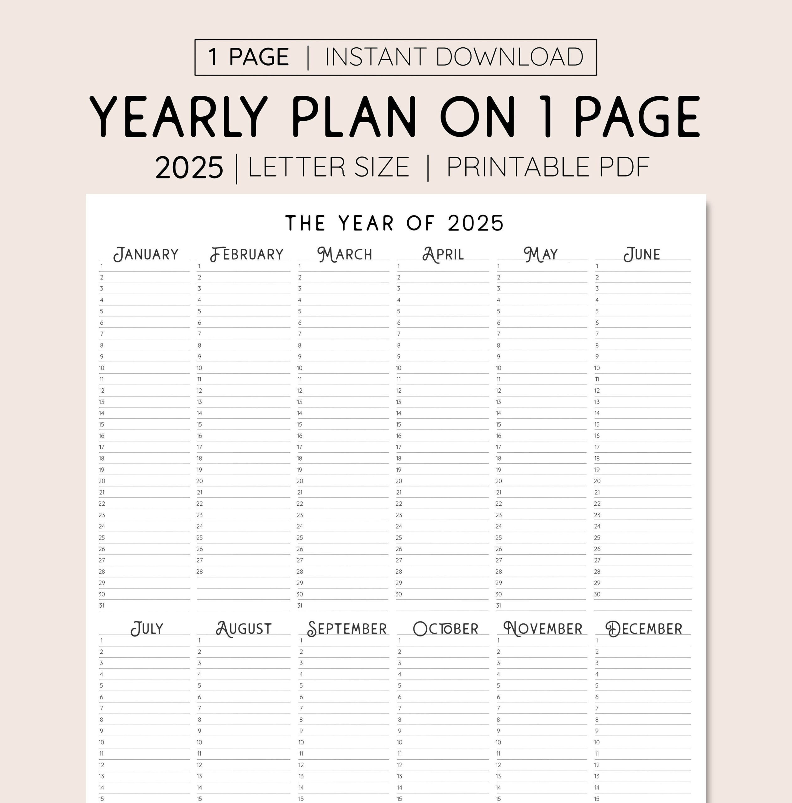 2025 Year At A Glance, Instant Download, Yearly Overview pertaining to Vintage Maps Poster 2025 Calendar Printable