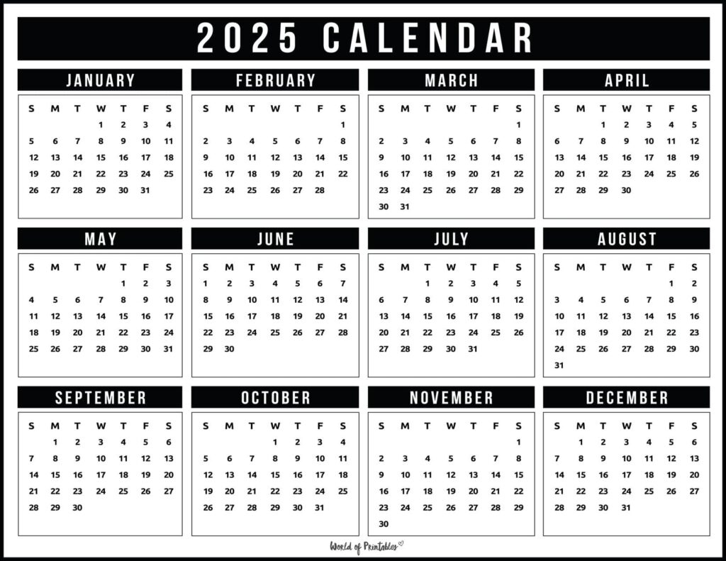 2025 Year Calendars - 70 Best Printables - World Of Printables throughout Wall Art 2025 Calendar Printable