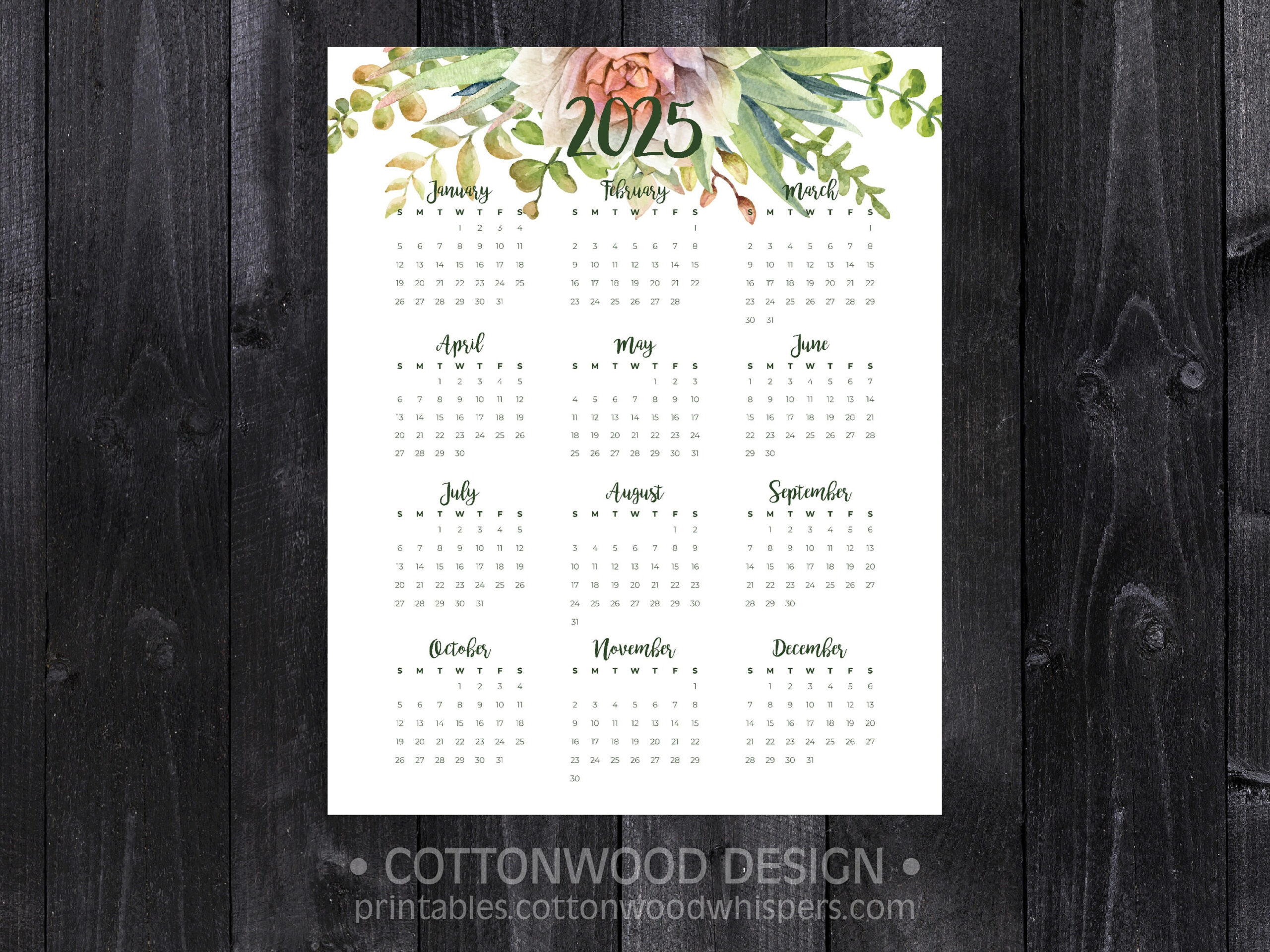 2025 Yearly Calendar At A Glance | Succulents &amp;amp; Cactus | Printable regarding Life Is Better By The Cabin 2025 Calendar Printable
