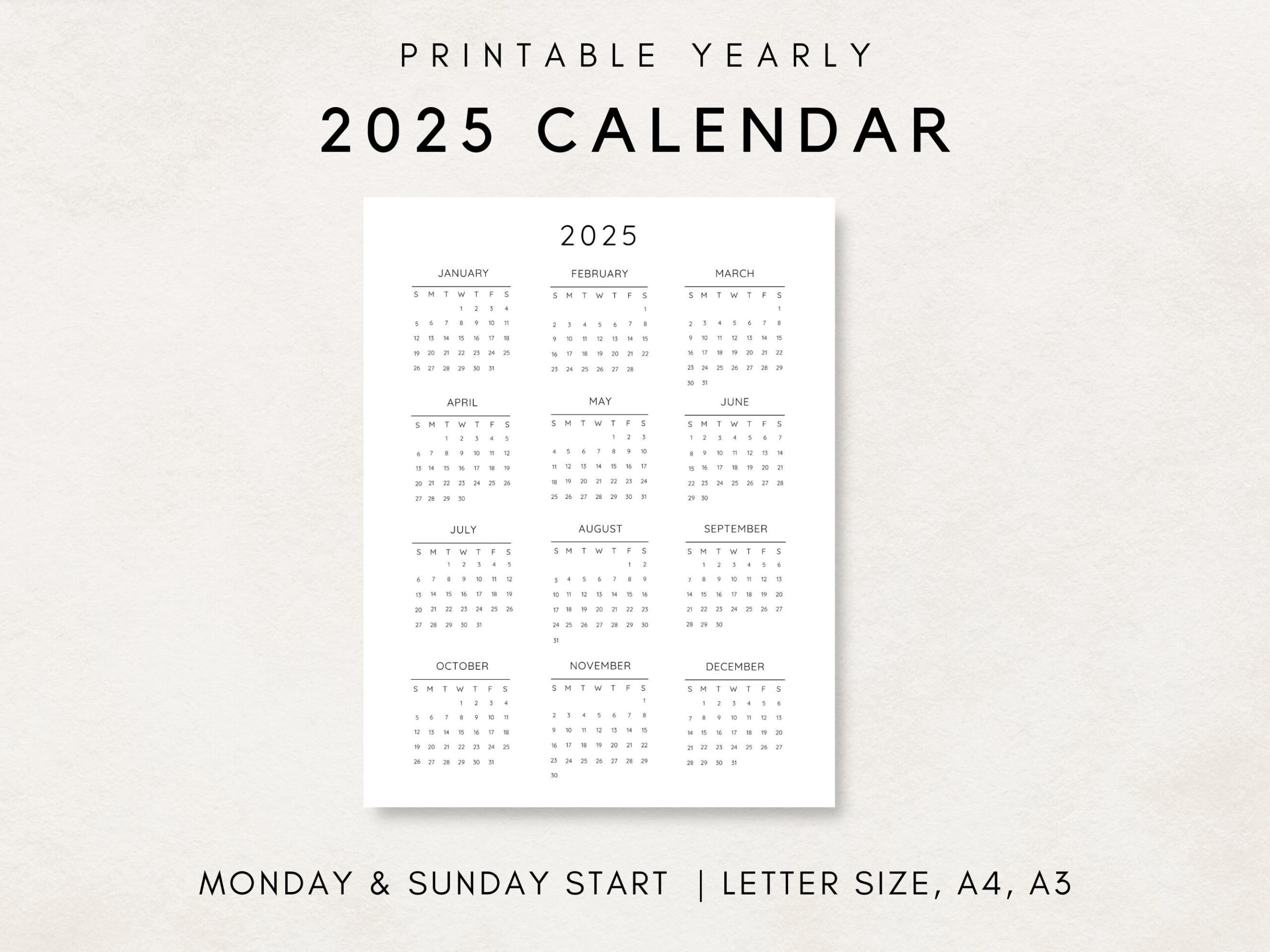 2025 Yearly Calendar, Printable Calendar, 2025 Calendar, 2025 intended for Shoes Gallery 2025 Calendar Printable