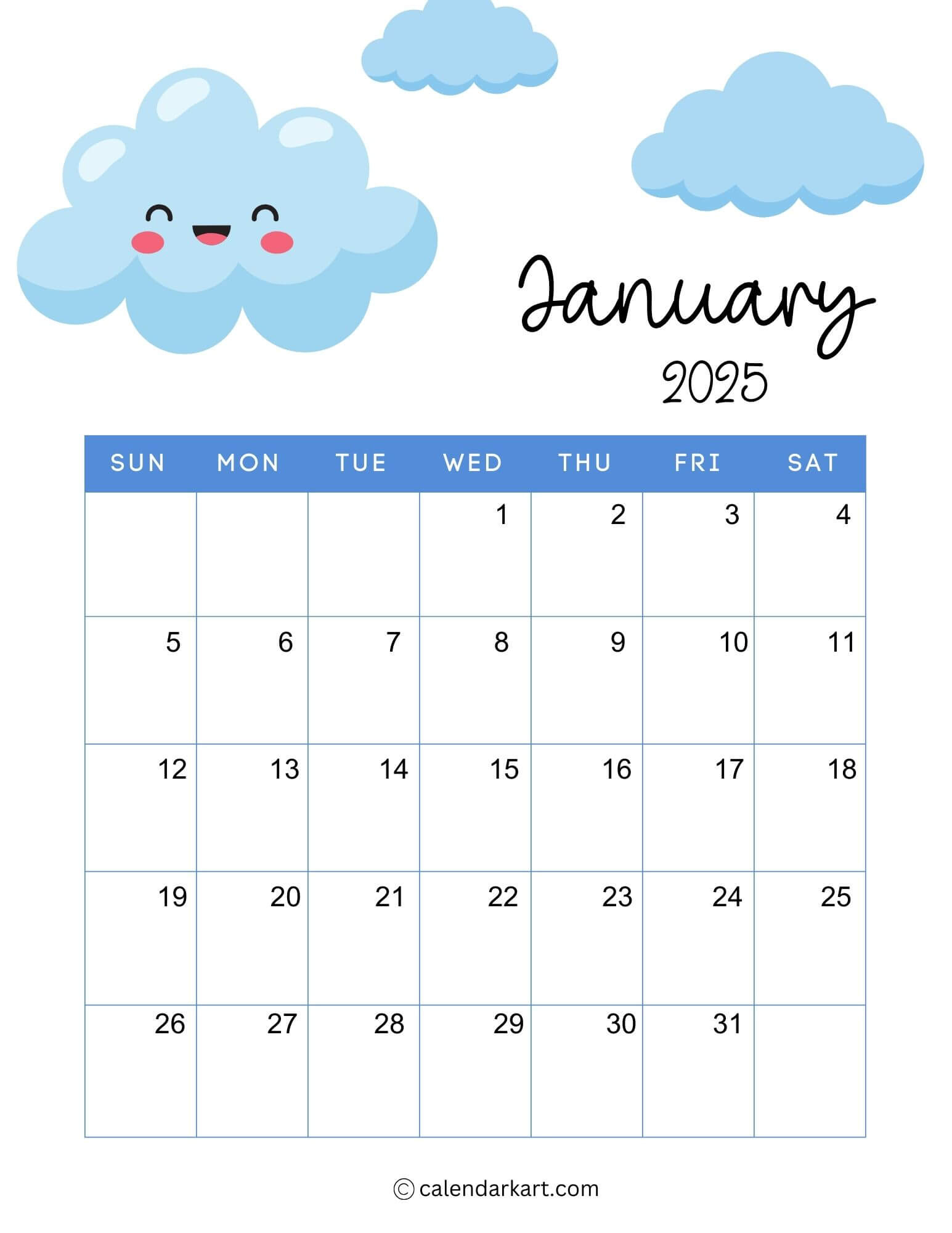 40+ Printable January 2025 Calendars | Free Pdf | Calendarkart with Clouds 2025 Calendar Printable