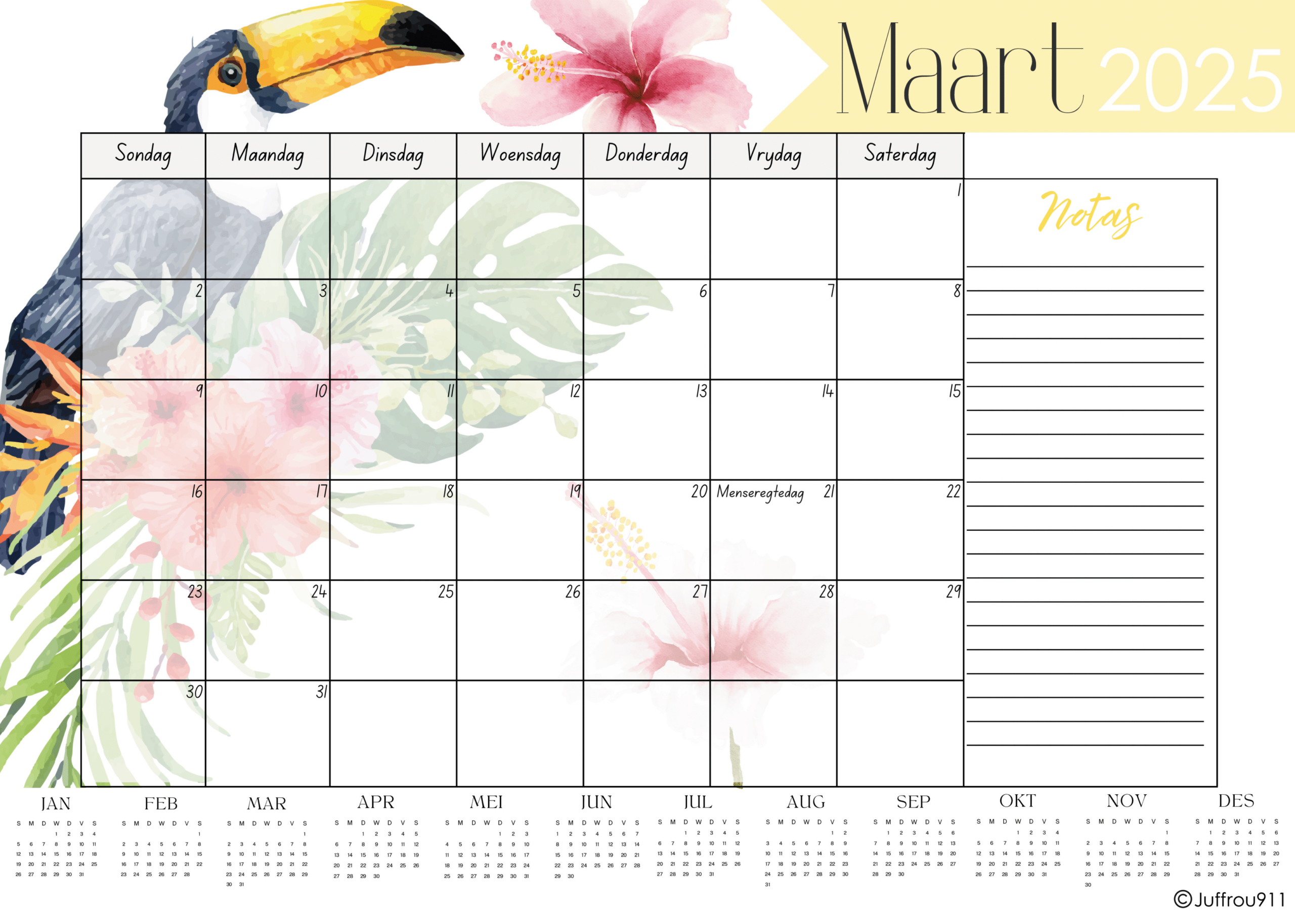 A3 Tropiese Toucan Tafelkalender 2025 - Juffrou 911 regarding Tropical Birds 2025 Calendar Printable