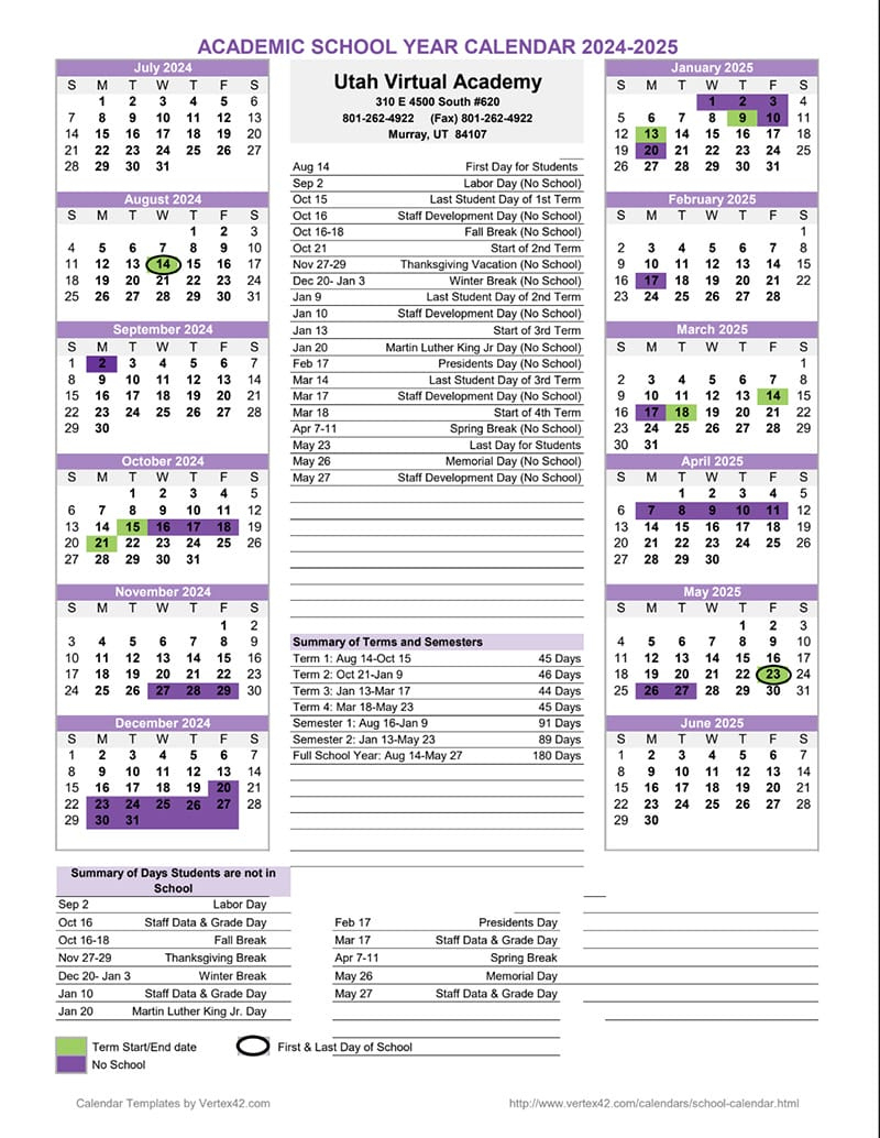 Academic Calendar - Utah Virtual Academy with Utah 2025 Calendar Printable