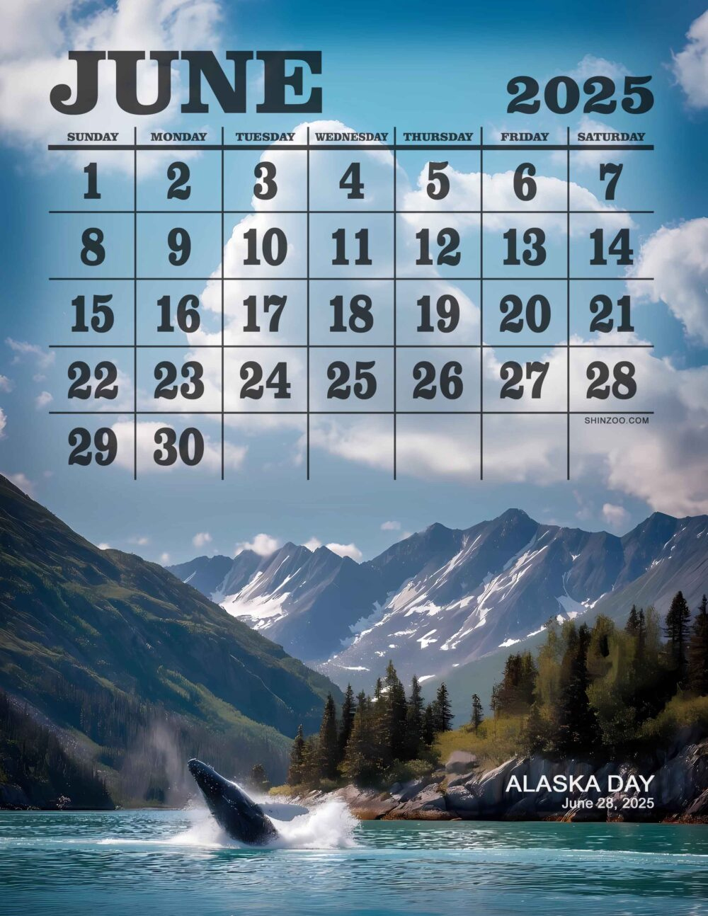 Alaska Day 2025 June Calendar Scenic Alaskan Wilderness Wildlife in Alaska Wilderness 2025 Calendar Printable
