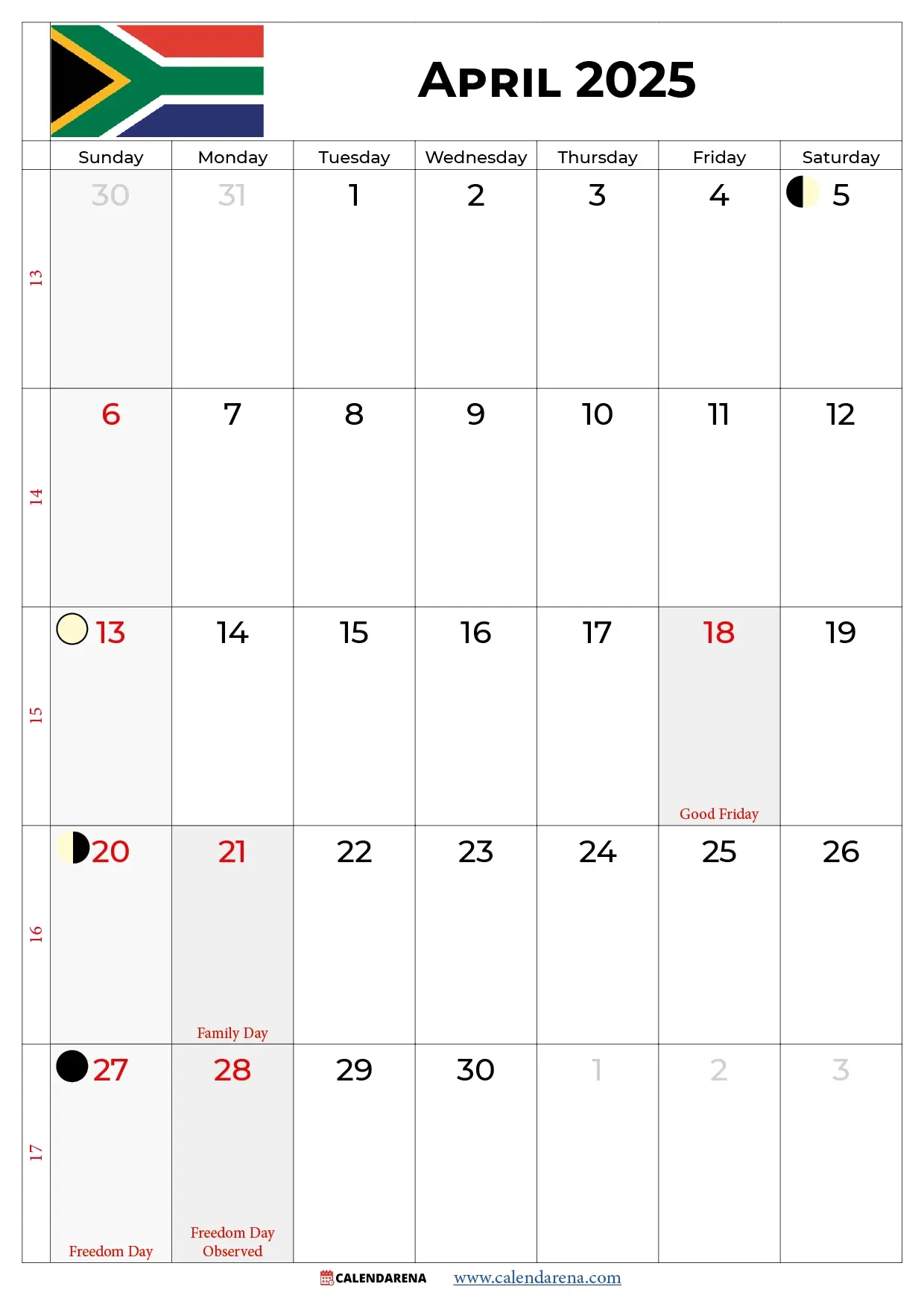 April Calendar 2025 - South Africa regarding South Park 2025 Calendar Printable