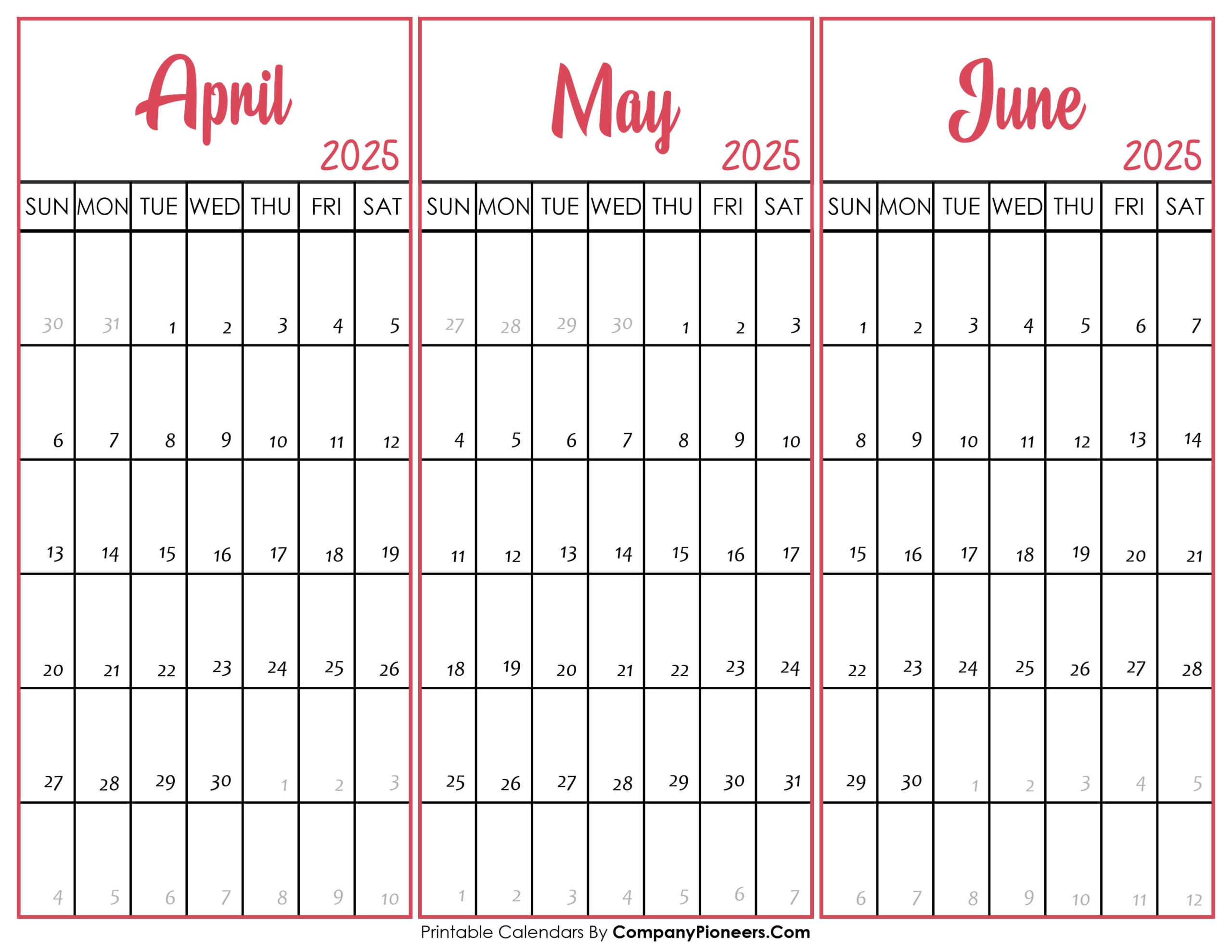 April May June 2025 Calendar Printable - Template in April May June July 2025 Calendar