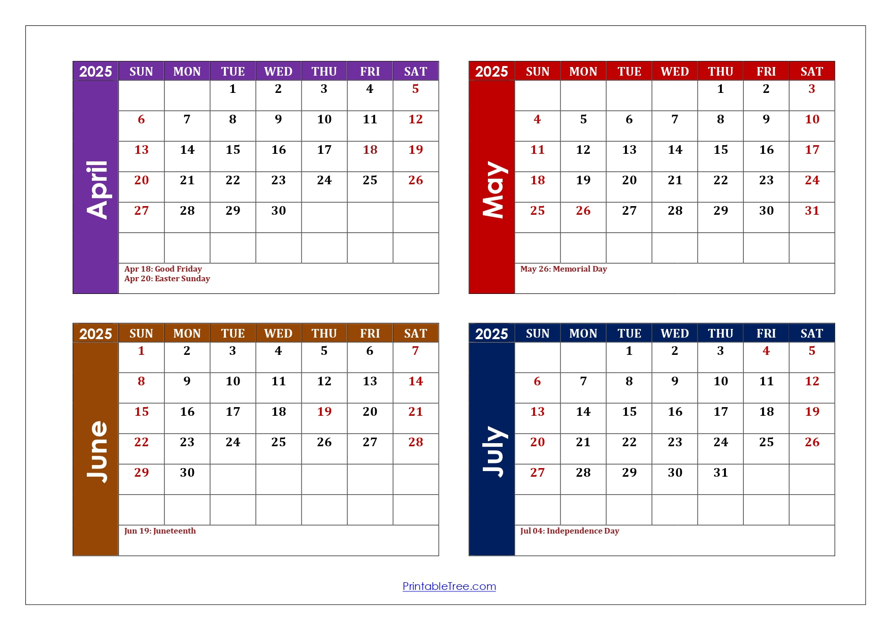 April To July 2025 Calendar Printable Pdf | Four Months Calendar throughout April May June July 2025 Calendar