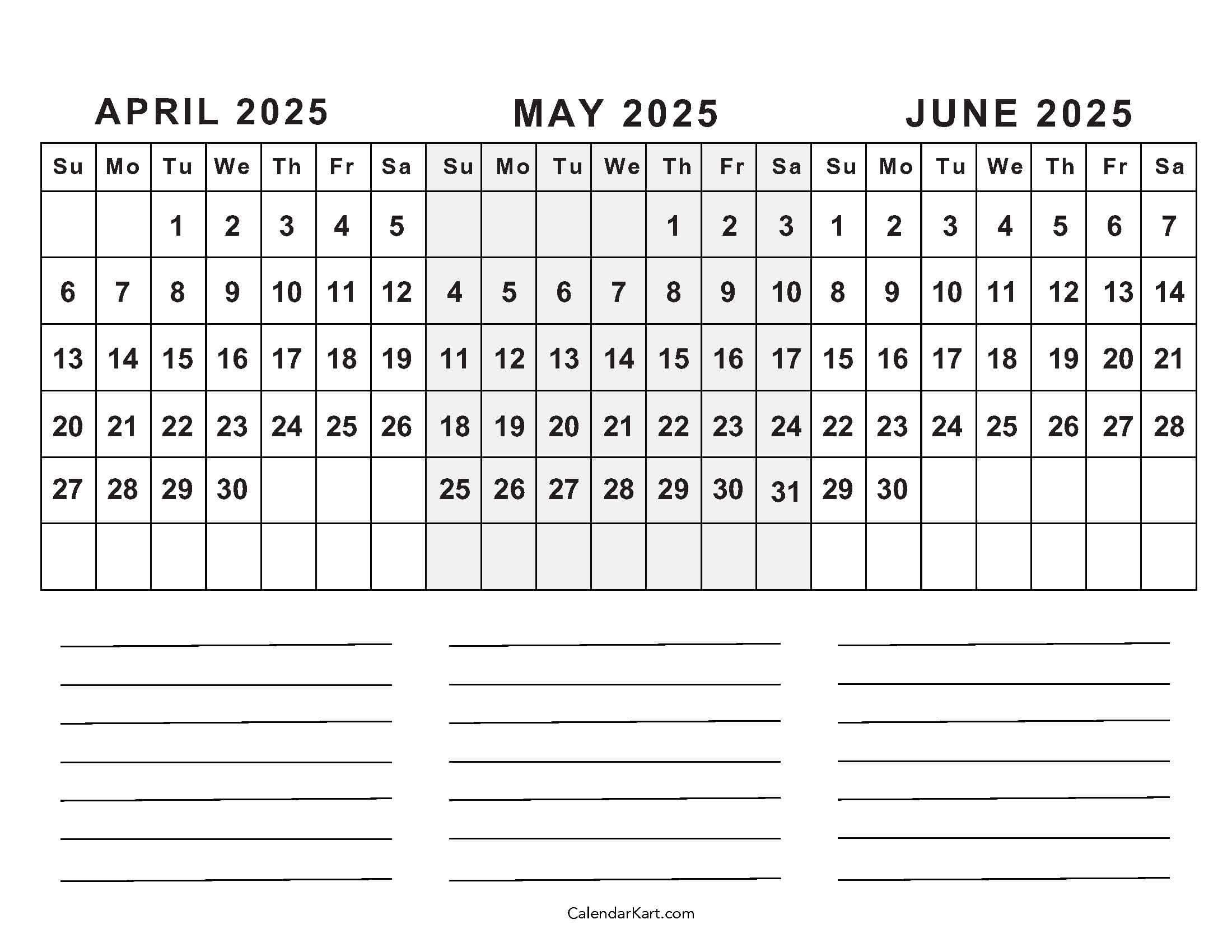 April To June 2025 Calendars (Q2): Free Printables in March April May June Calendar 2025