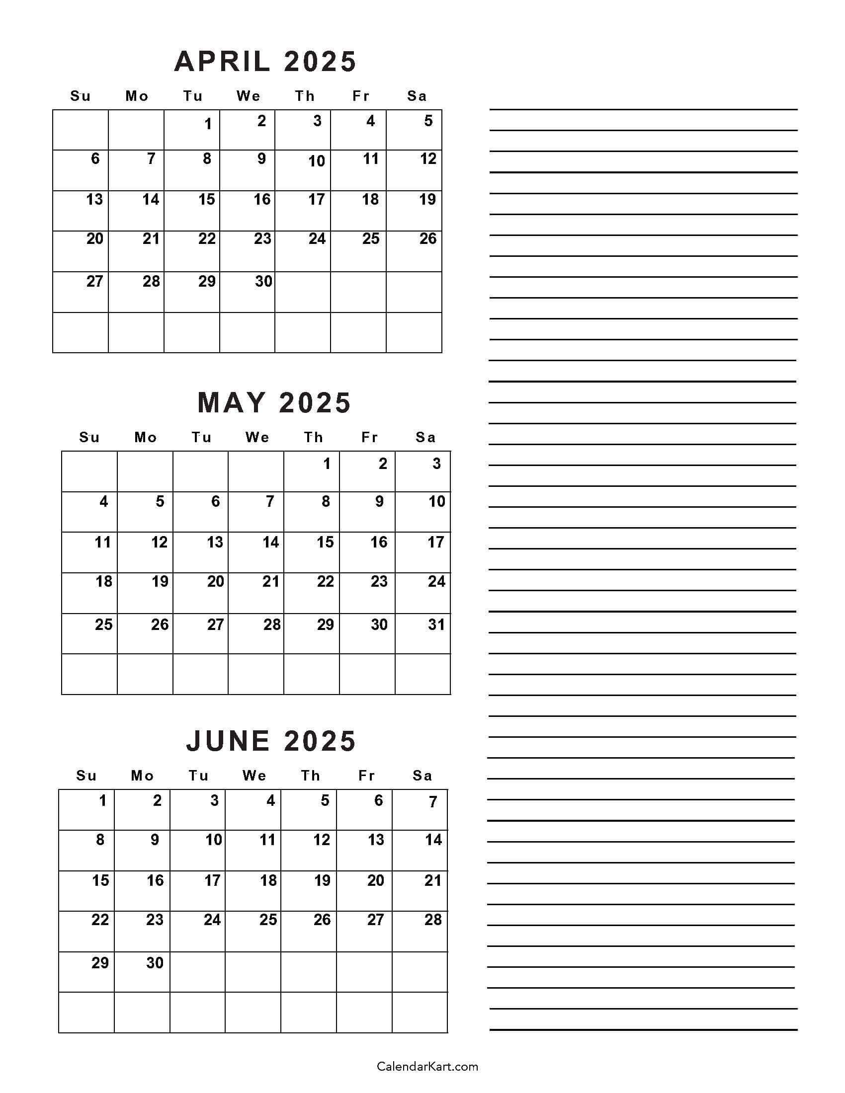 April To June 2025 Calendars (Q2): Free Printables with April May June 2025 Printable Calendar