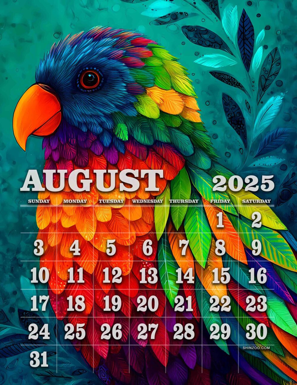 August 2025 Calendar Parrot Art Colorful Tropical Bird within Tropical Birds 2025 Calendar Printable