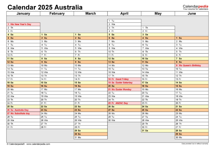 Australia 2025 Calendar Printable