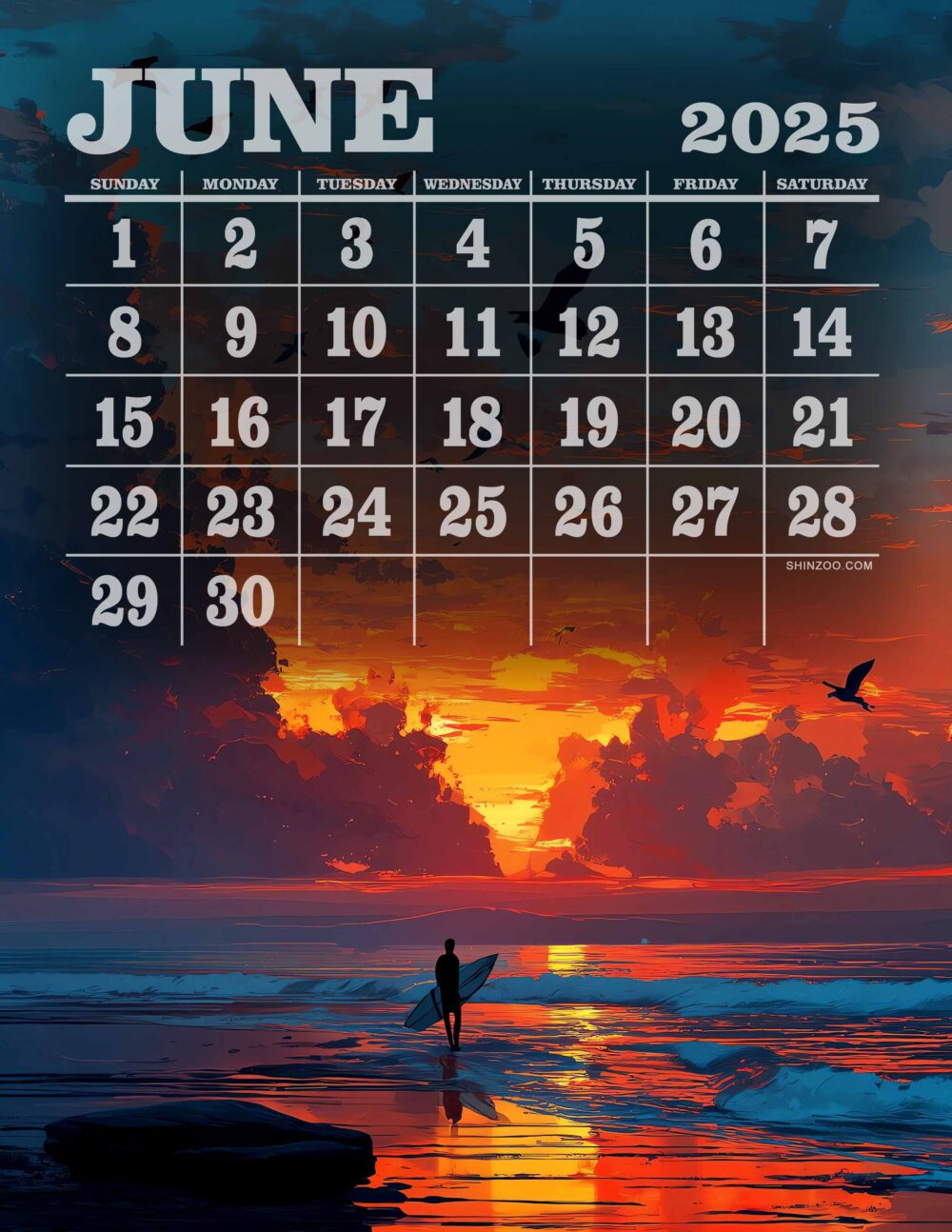Beach Sunset June Calendar 2025 Water Sports Ocean Surfer regarding Coastal Sunsets 2025 Calendar Printable
