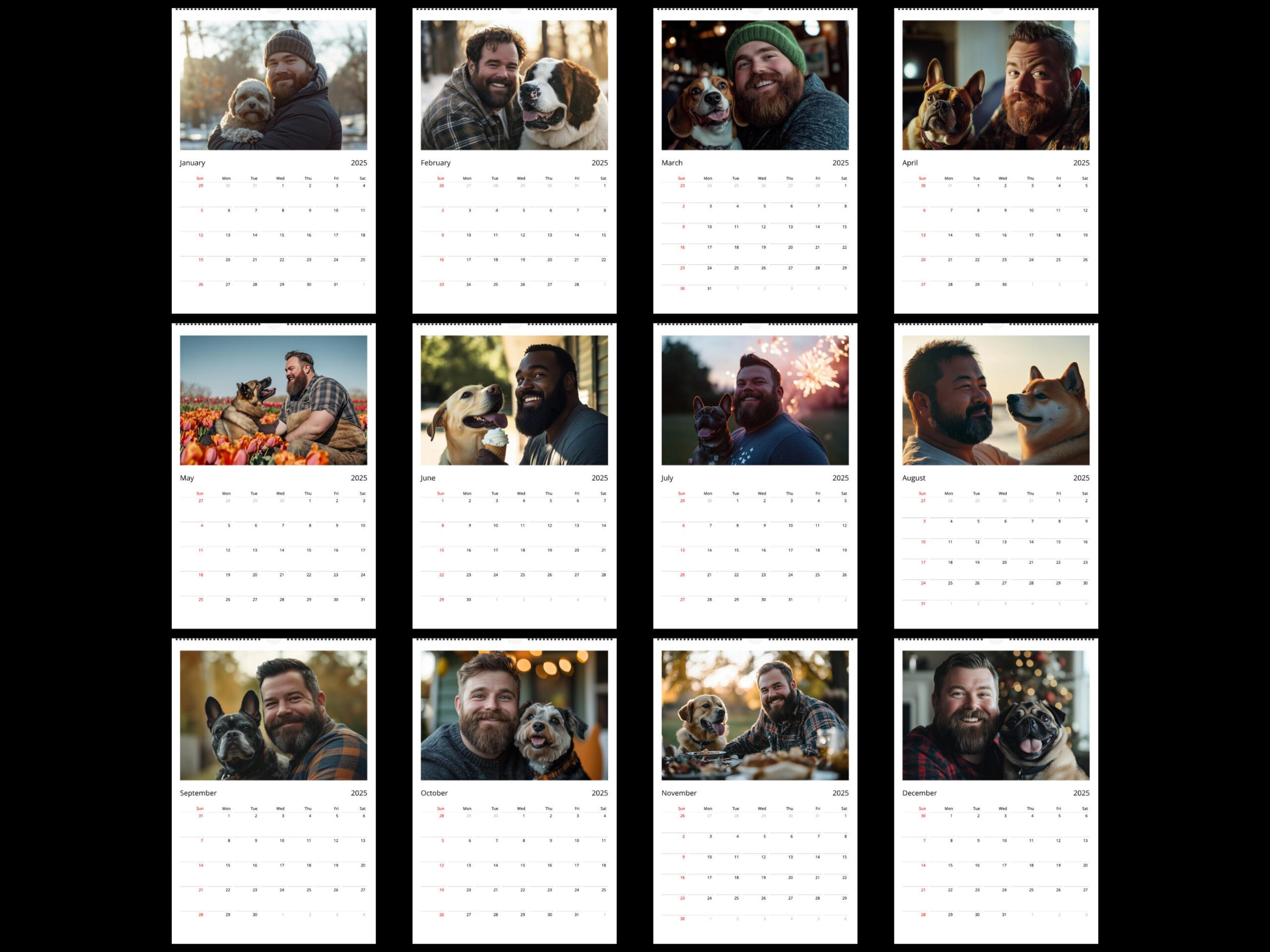 Bearded Men And Dogs Wall Calendar 2025 | Dog Calendar | Gay Bear for Bearded Men 2025 Calendar Printable
