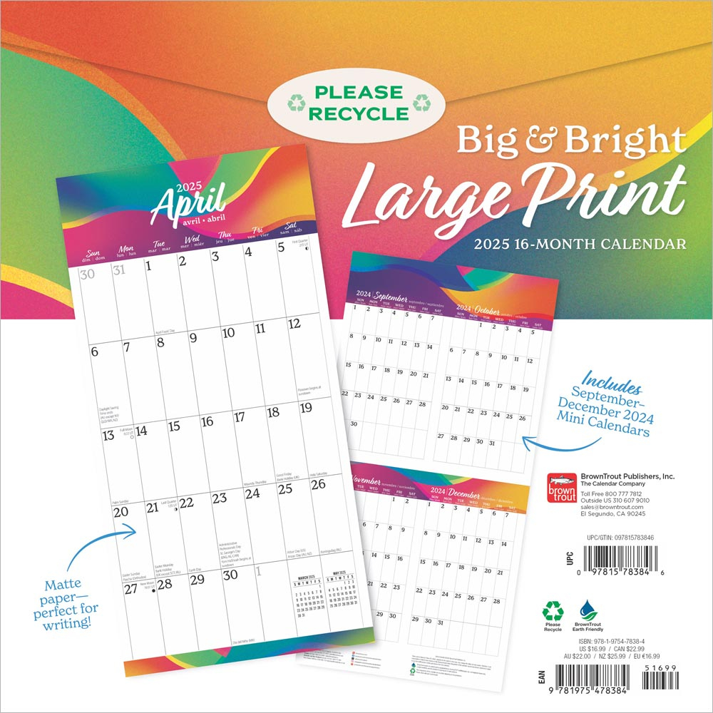 Big &amp;amp; Bright Large Print | 2025 12 X 24 Inch Monthly Square Wall in Rainbow Brite 2025 Calendar Printable