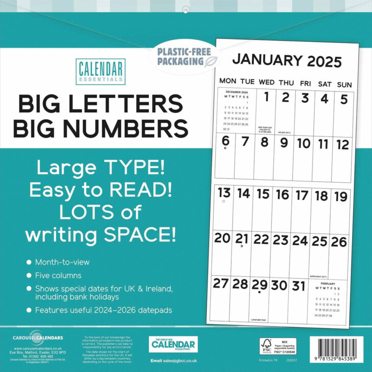 Big Letters Big Numbers 2025 Calendar Printable