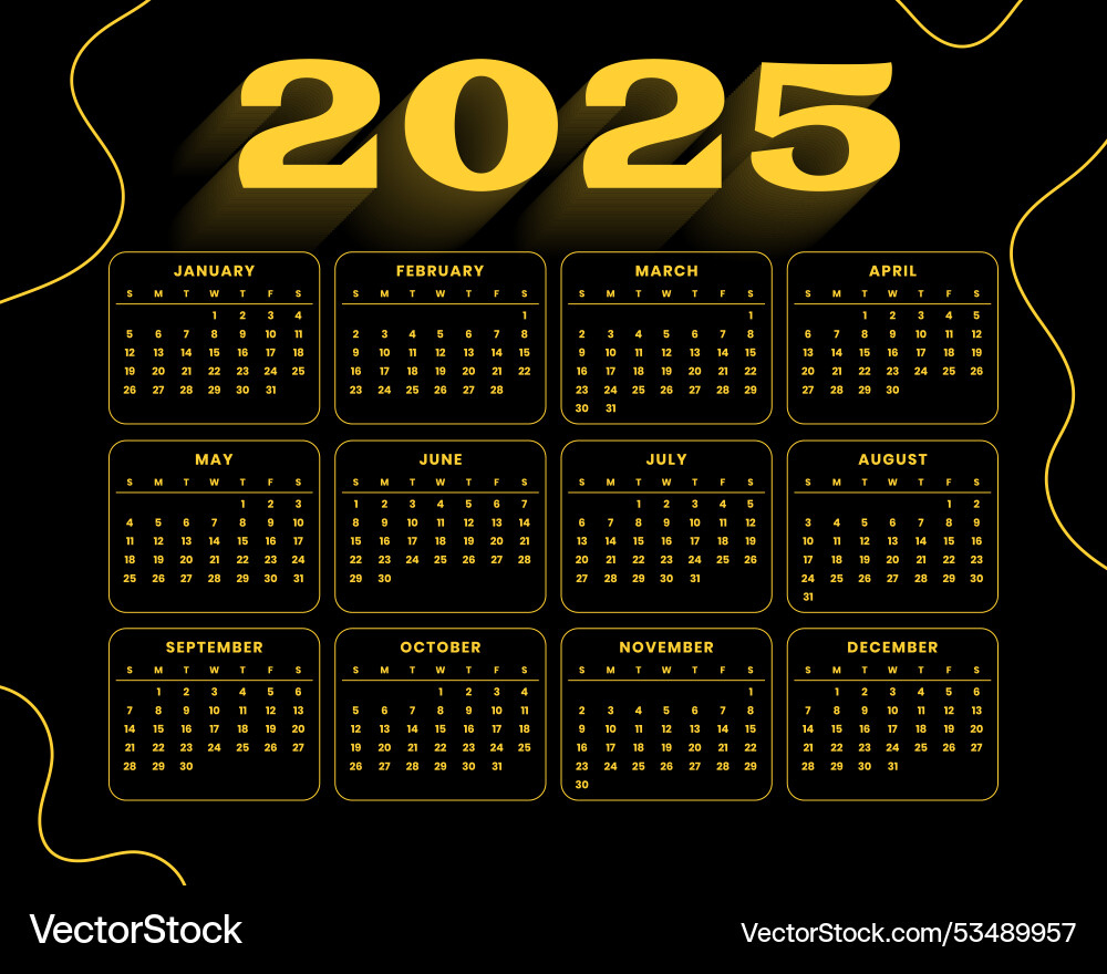 Black Golden 2025 New Year Calendar Template Vector Image intended for Ebony 2025 Calendar Printable