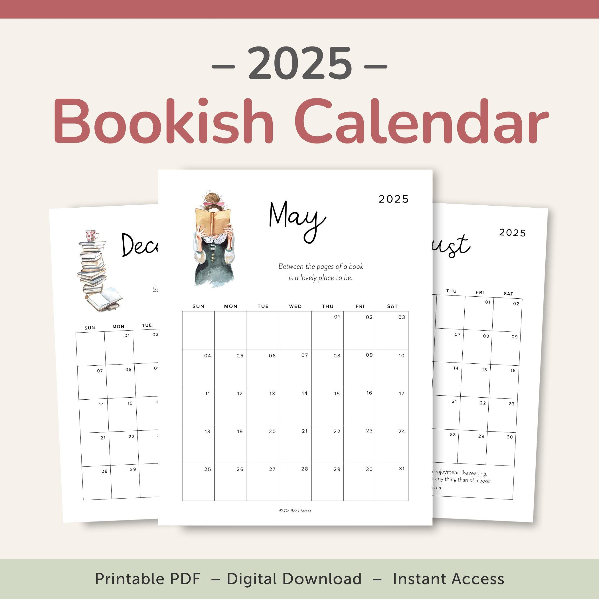 Book Lover Calendar 2025 Printable With Bookish Quotes, Pdf in Book Nerd 2025 Calendar Printable
