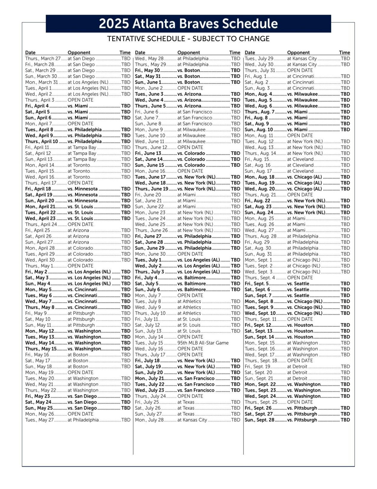 Braves 2025 Schedule Has Been Announced Including Date Of All-Star in Mlb Atlanta Braves 2025 Calendar Printable