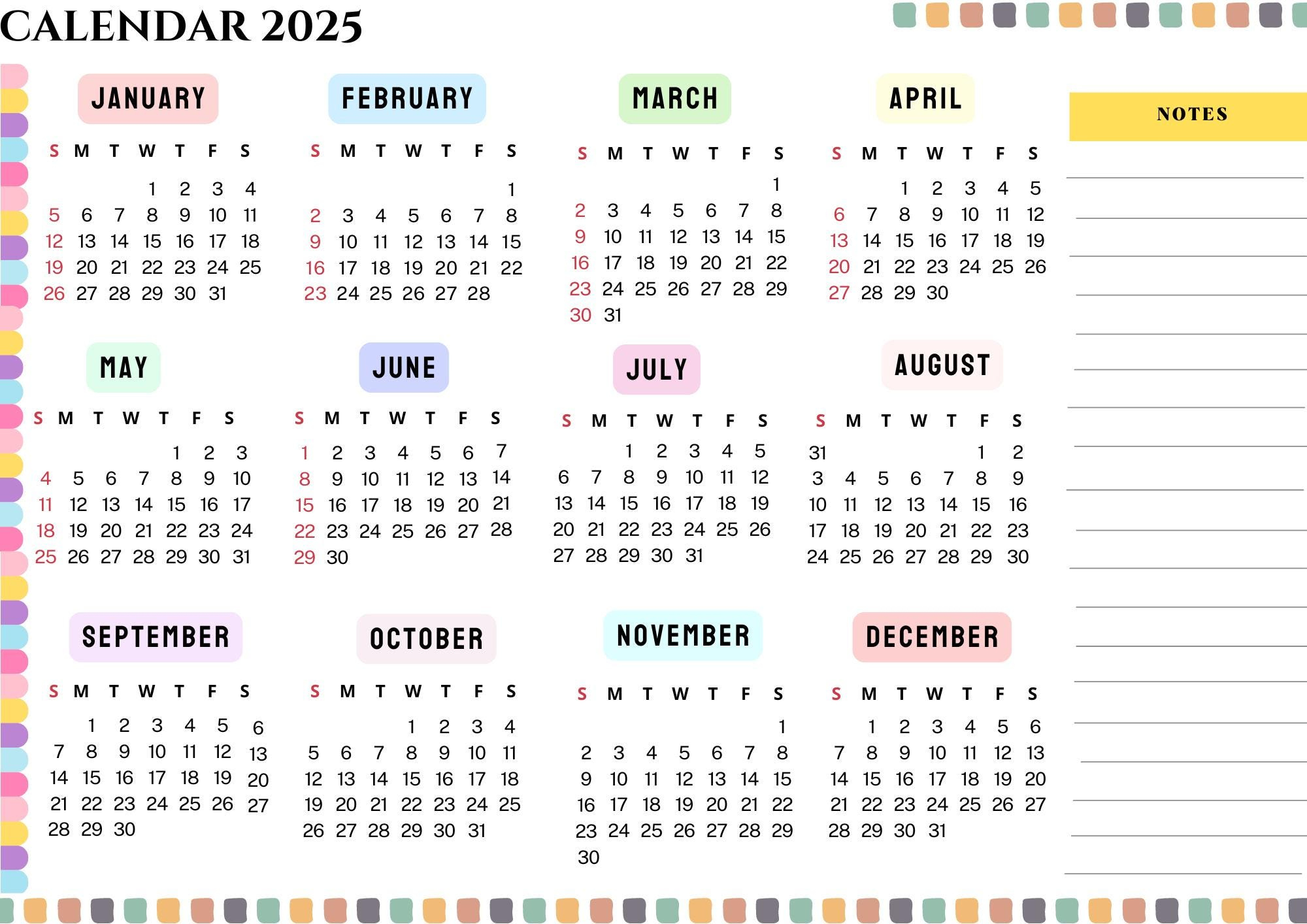 Buy Colorful 2025 One Page Landscape Year Calendar Printable Pdf within Mexico 2025 Calendar Printable