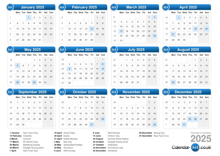 England 2025 Calendar Printable