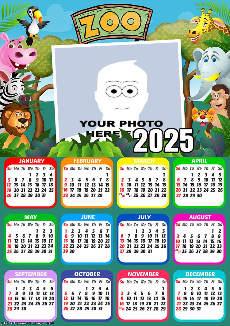 Calendar 2025 Zoo Safari Kids Photo Collage Frame | Picture Frame throughout Zoo in a 2025 Calendar Printable