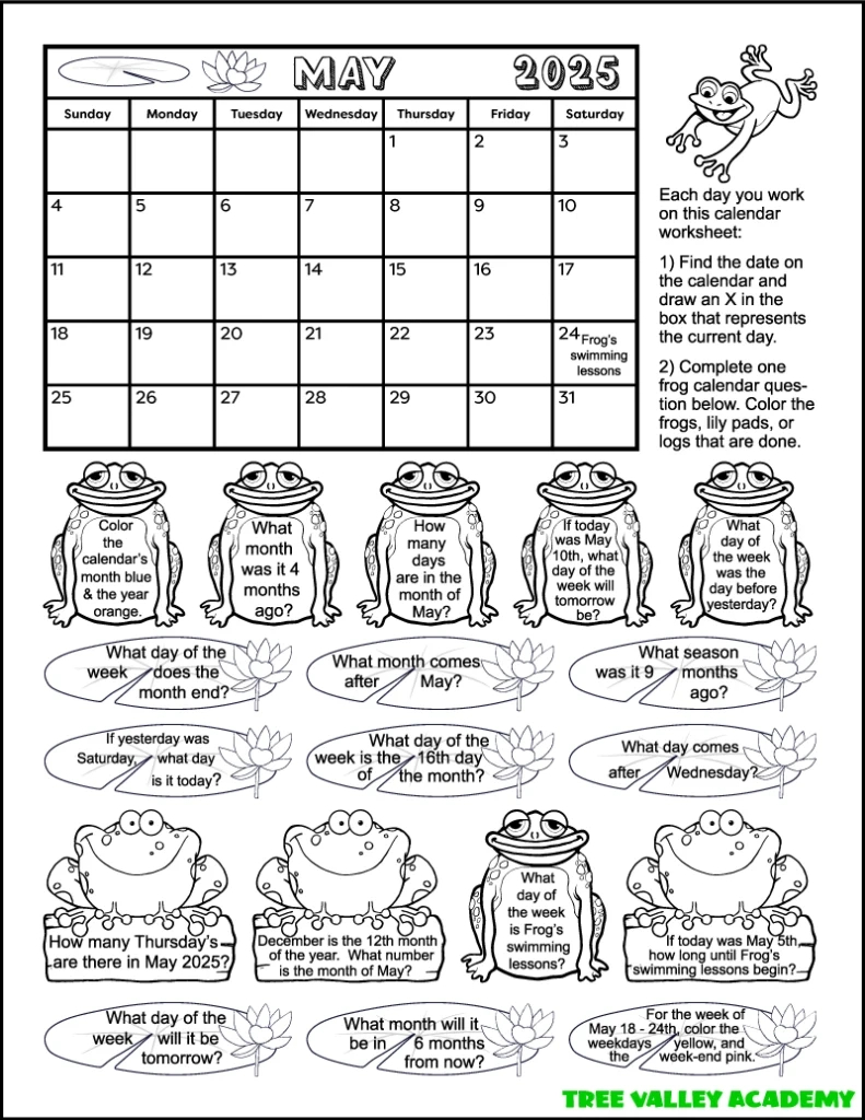 Calendar Worksheet For May 2025 - Tree Valley Academy for Frogs 2025 Calendar Printable